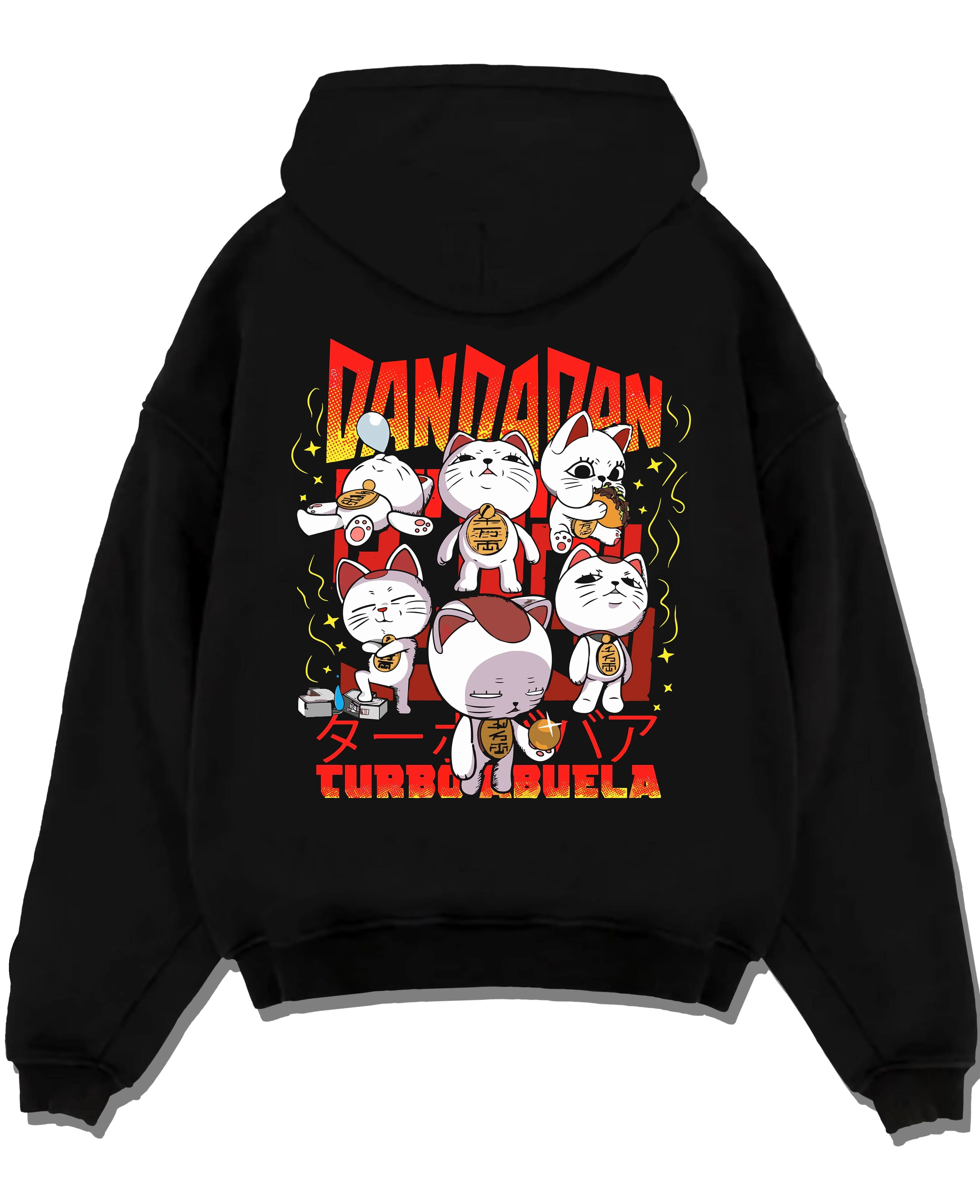 Black pullover hoodie laid flat with Dandadan Turbo Granny Hoodie Cat Spirits Anime Jumper graphic bold anime graphic.