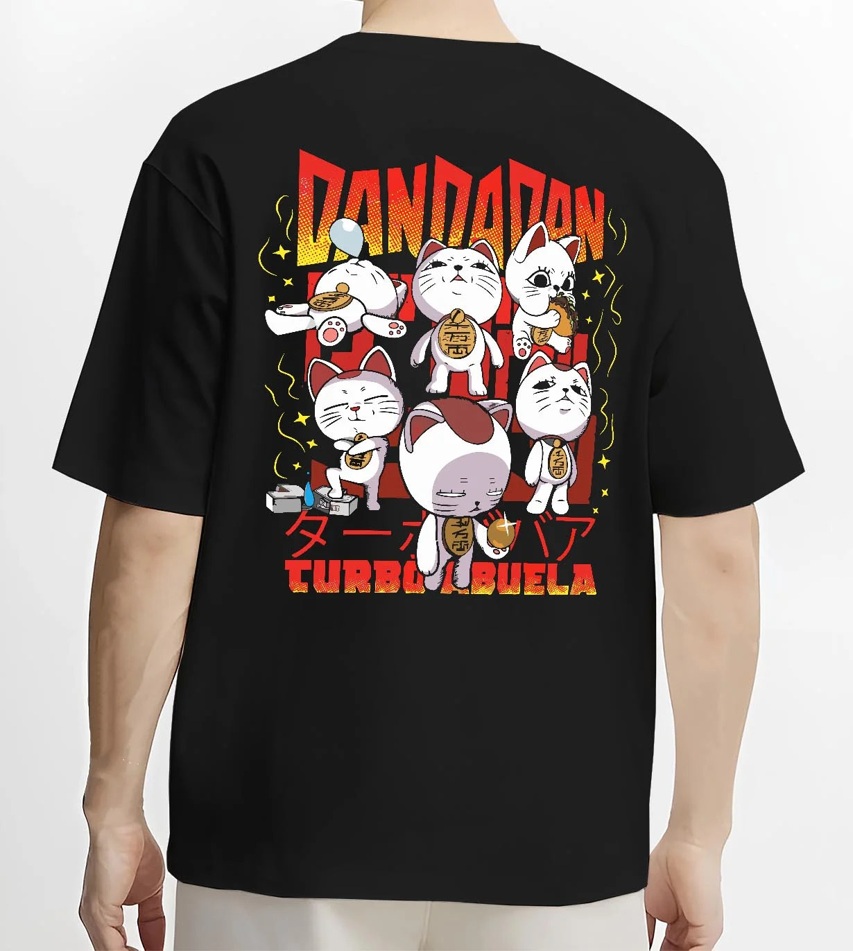 Black T-shirt worn by male model, back view with Dandadan Turbo Granny Hoodie Cat Spirits Anime Jumper graphic streetwear graphic.