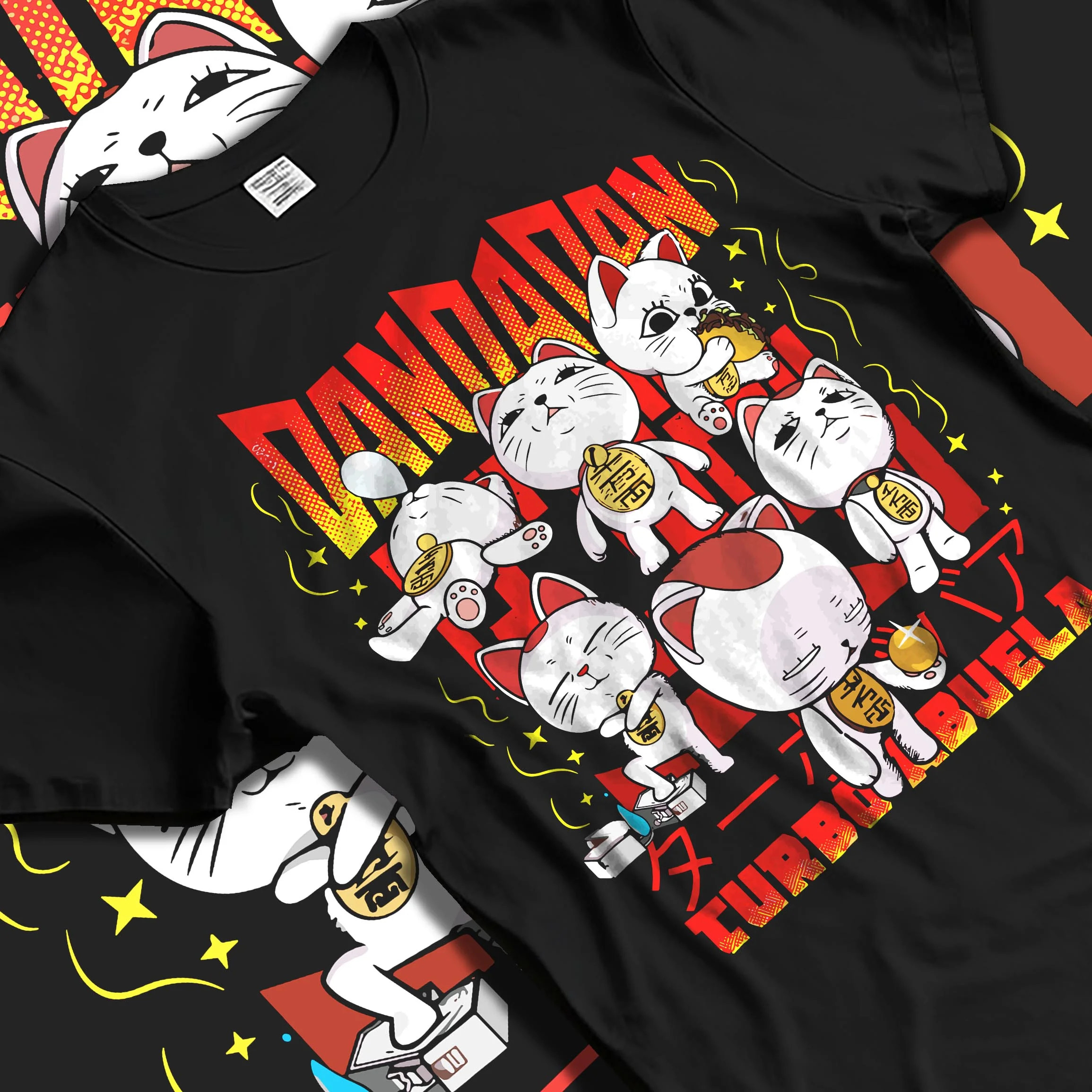 Black T-shirt laid flat with natural folds with Dandadan Turbo Granny Hoodie Cat Spirits Anime Jumper graphic premium wear.