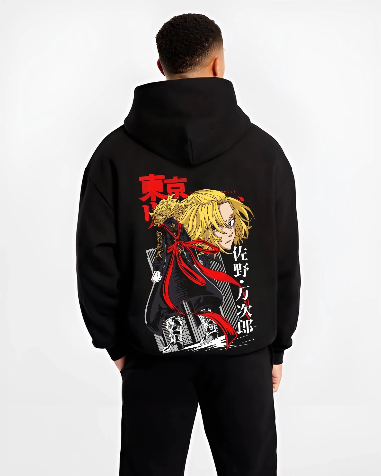 Black hoodie worn by male model, back view with Kaiju No. 8 Final Form Moment Hoodie Dynamic graphic bold anime graphic.