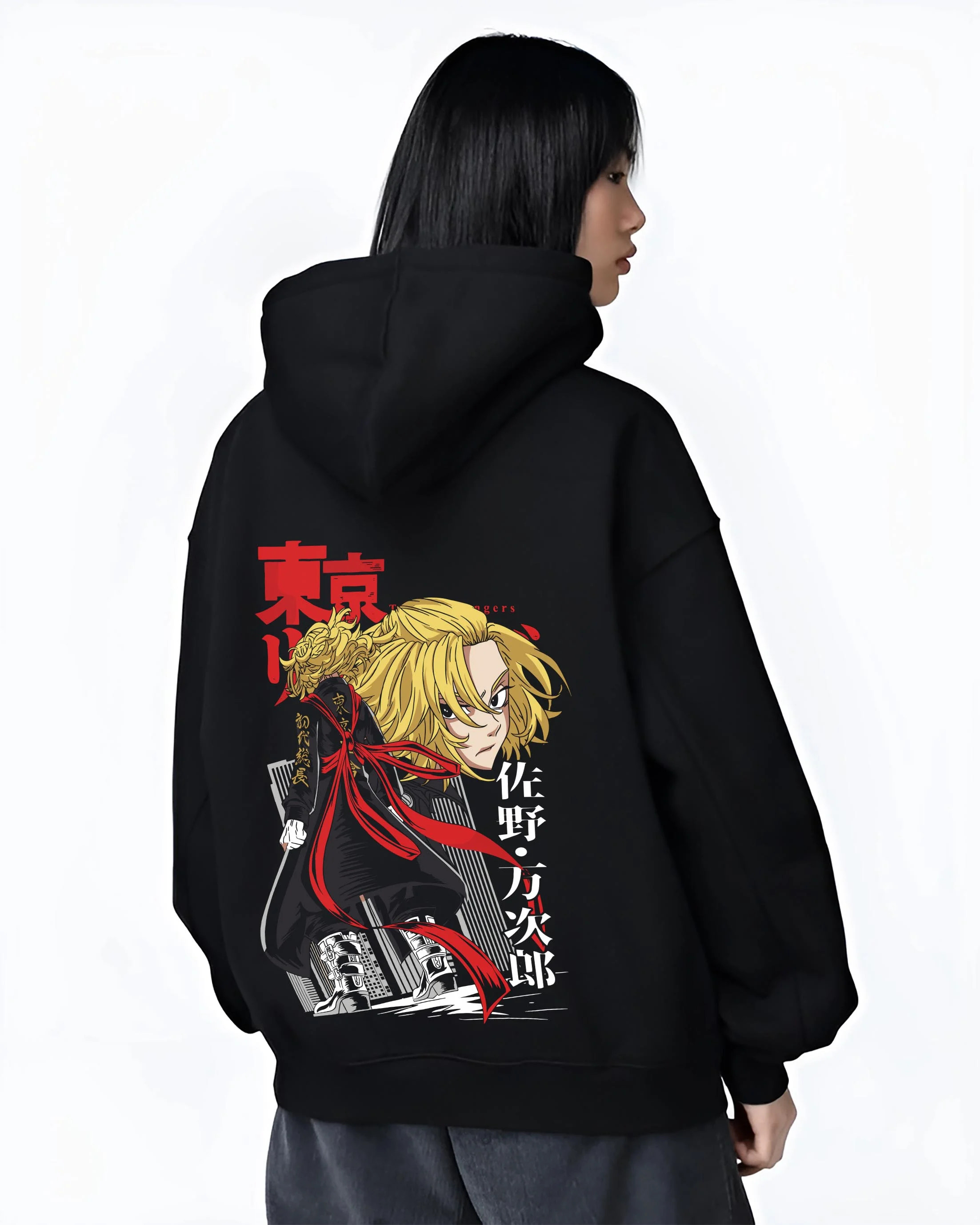 Black hoodie worn by female model, back view with Kaiju No. 8 Final Form Moment Hoodie Dynamic graphic premium wear.