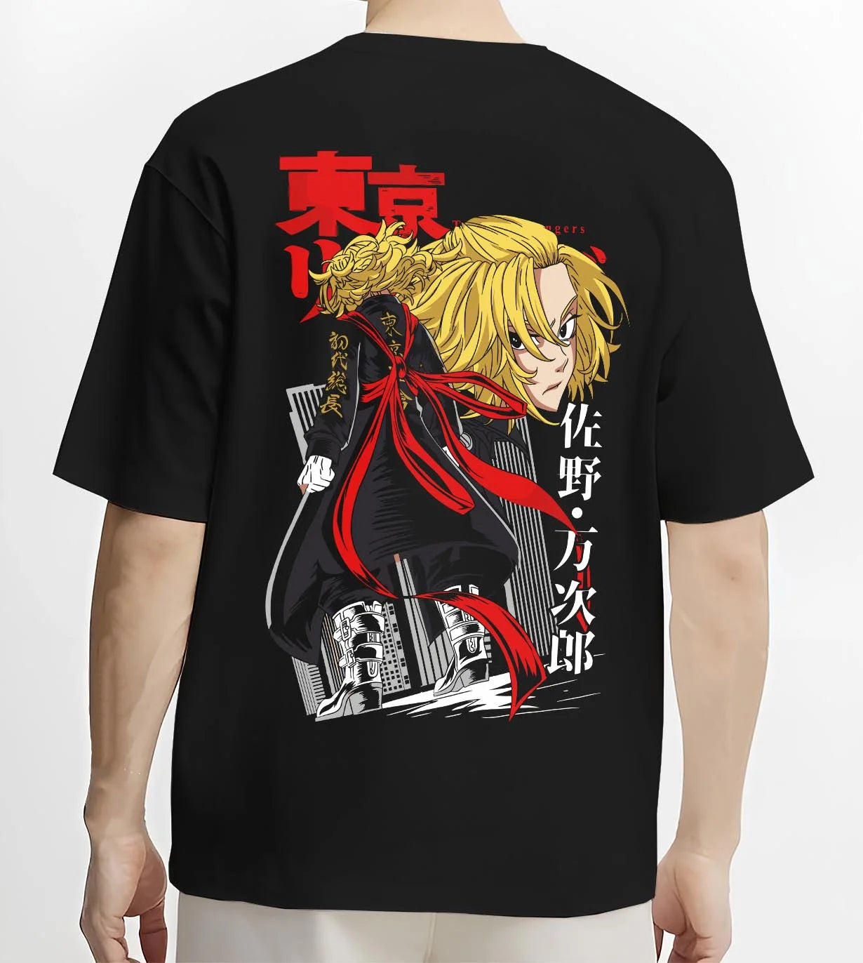 Black T-shirt worn by male model, back view with Kaiju No. 8 Final Form Moment Hoodie Dynamic graphic streetwear graphic.