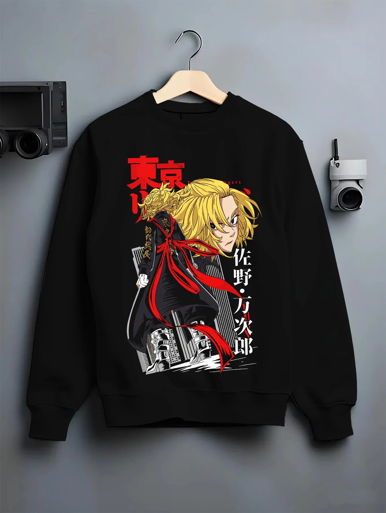 Black crewneck sweatshirt on hanger with Kaiju No. 8 Final Form Moment Hoodie Dynamic graphic premium wear.