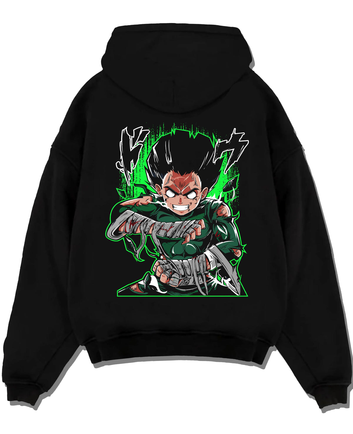 Black hoodie laid flat featuring Rock Lee Eight Gates taijutsu artwork.
