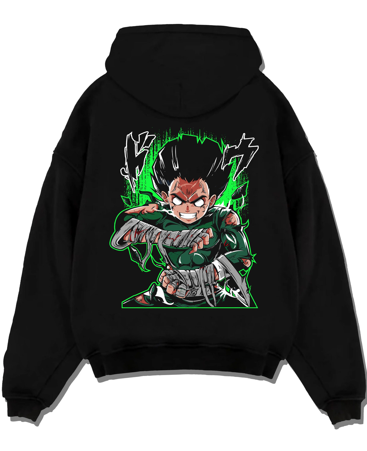 Black hoodie laid flat featuring Rock Lee Eight Gates taijutsu artwork.