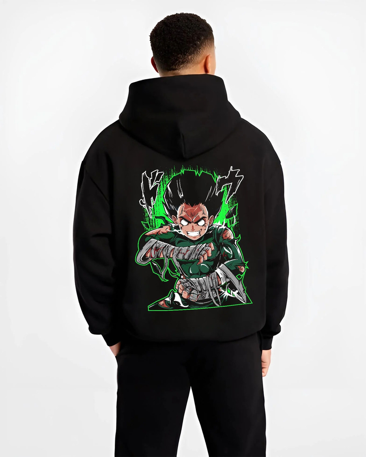 Black hoodie worn by male model from the back featuring Rock Lee Eight Gates taijutsu artwork.