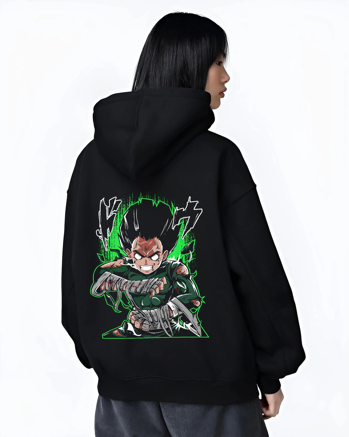 Black hoodie worn by female model from the back featuring Rock Lee Eight Gates taijutsu artwork.