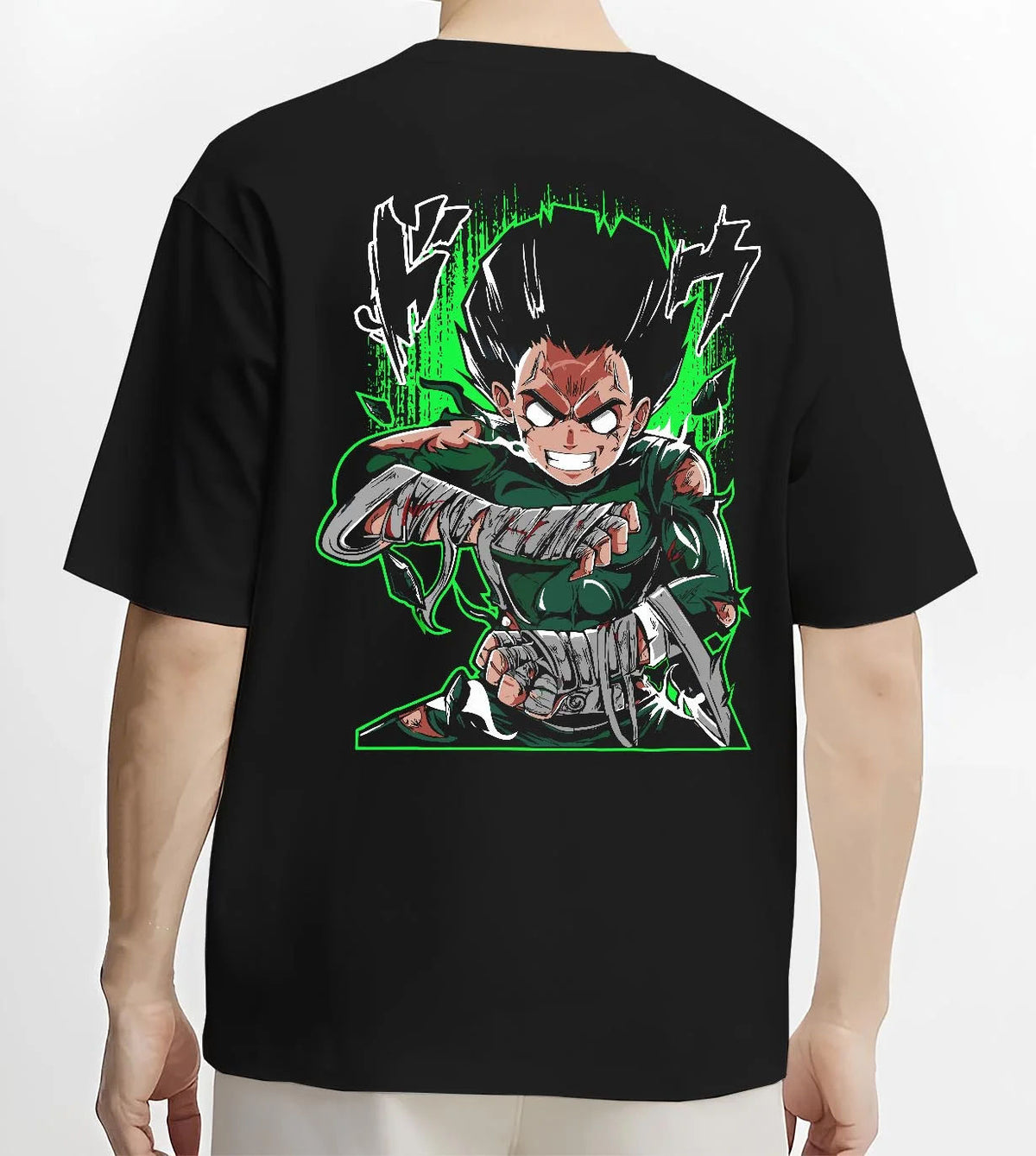 Black T-shirt worn by male model from the back featuring Rock Lee Eight Gates taijutsu artwork.