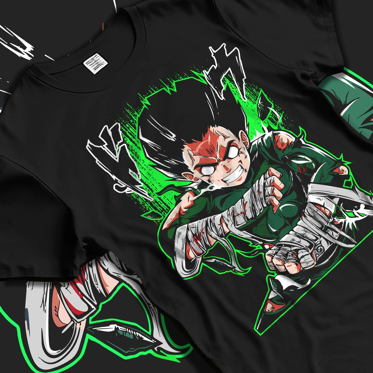 Black T-shirt laid flat with natural folds featuring Rock Lee Eight Gates taijutsu artwork.