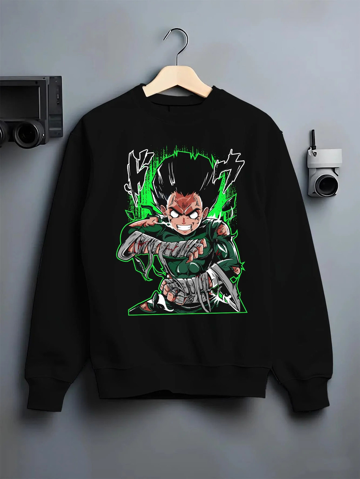 Black crewneck sweatshirt on hanger featuring Rock Lee Eight Gates taijutsu artwork.