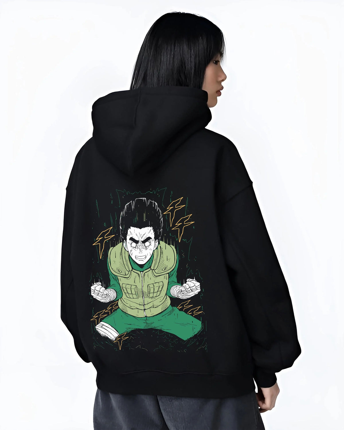 Black hoodie worn by female model from the back featuring Rock Lee Primary Lotus taijutsu artwork.