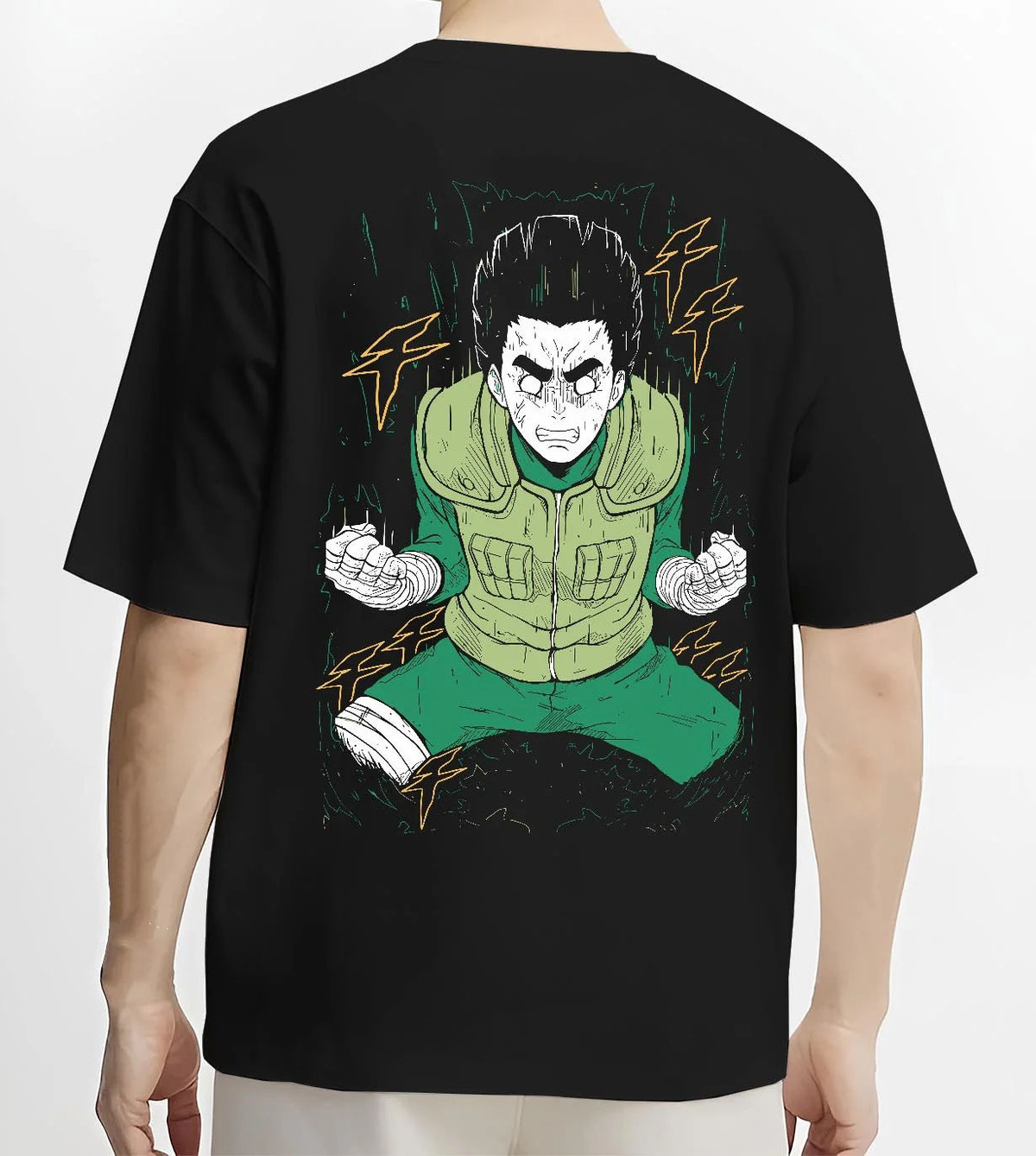 Black T-shirt worn by male model from the back featuring Rock Lee Primary Lotus taijutsu artwork.