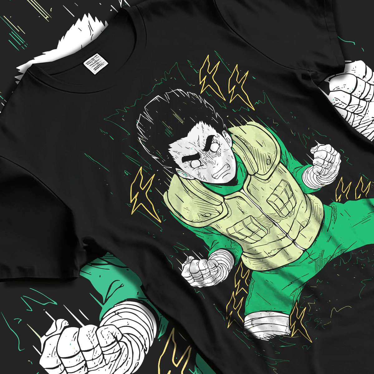 Black T-shirt laid flat with natural folds featuring Rock Lee Primary Lotus taijutsu artwork.