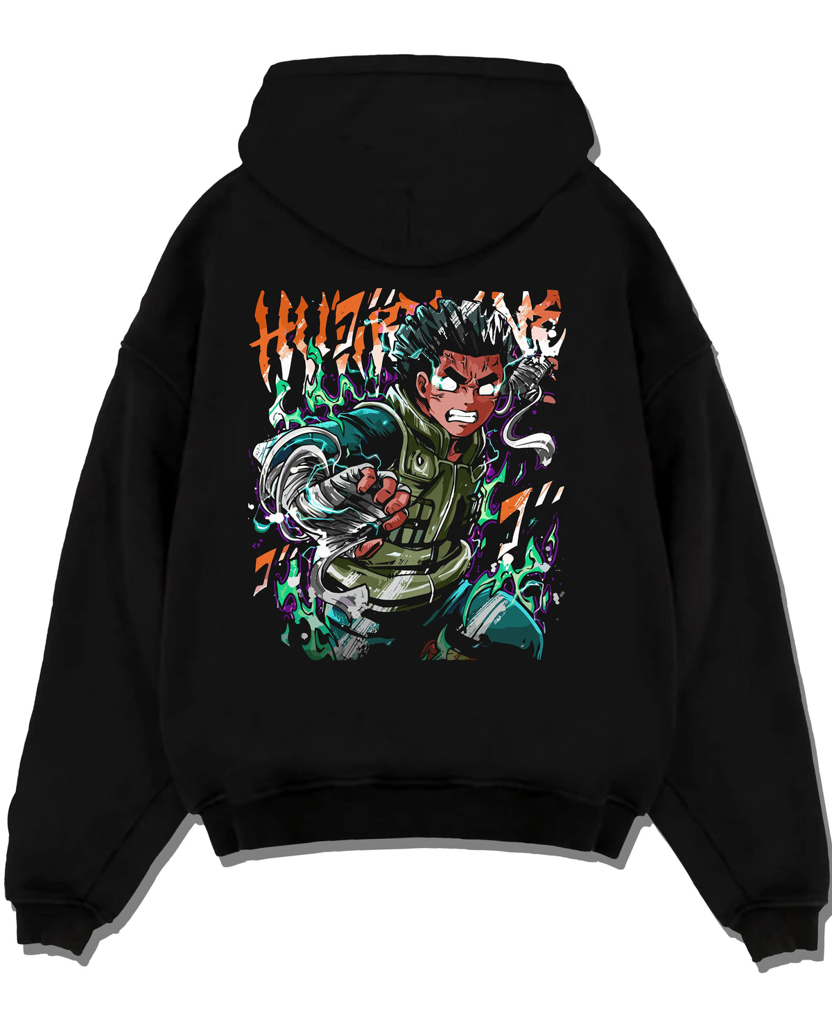 Black hoodie laid flat featuring Rock Lee training and taijutsu artwork.