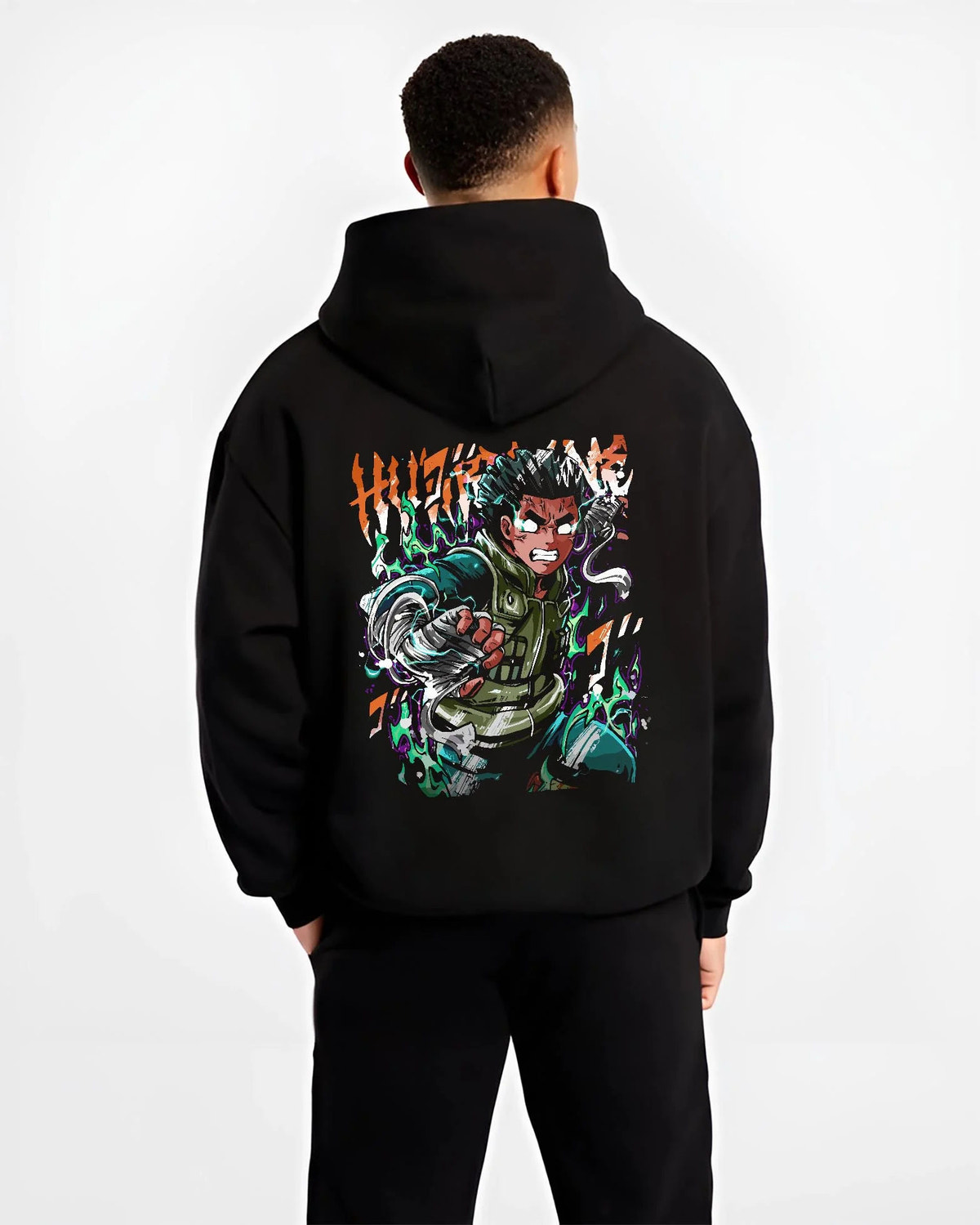 Black hoodie worn by male model from the back featuring Rock Lee training and taijutsu artwork.