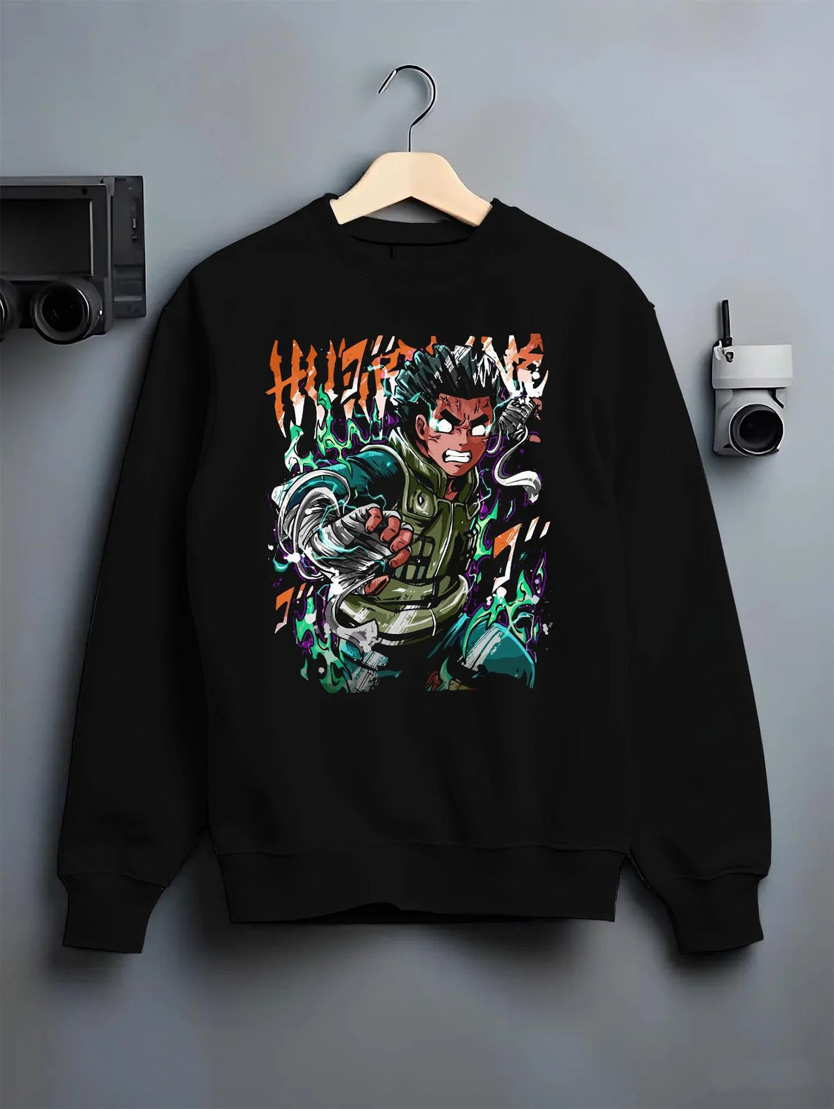 Black crewneck sweatshirt on hanger featuring Rock Lee training and taijutsu artwork.