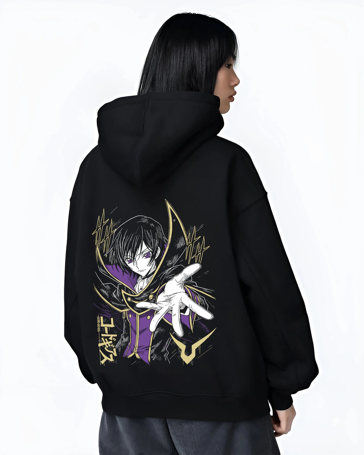 Black hoodie female model back view showing Lelouch vi Britannia from Code Geass: Code Geass