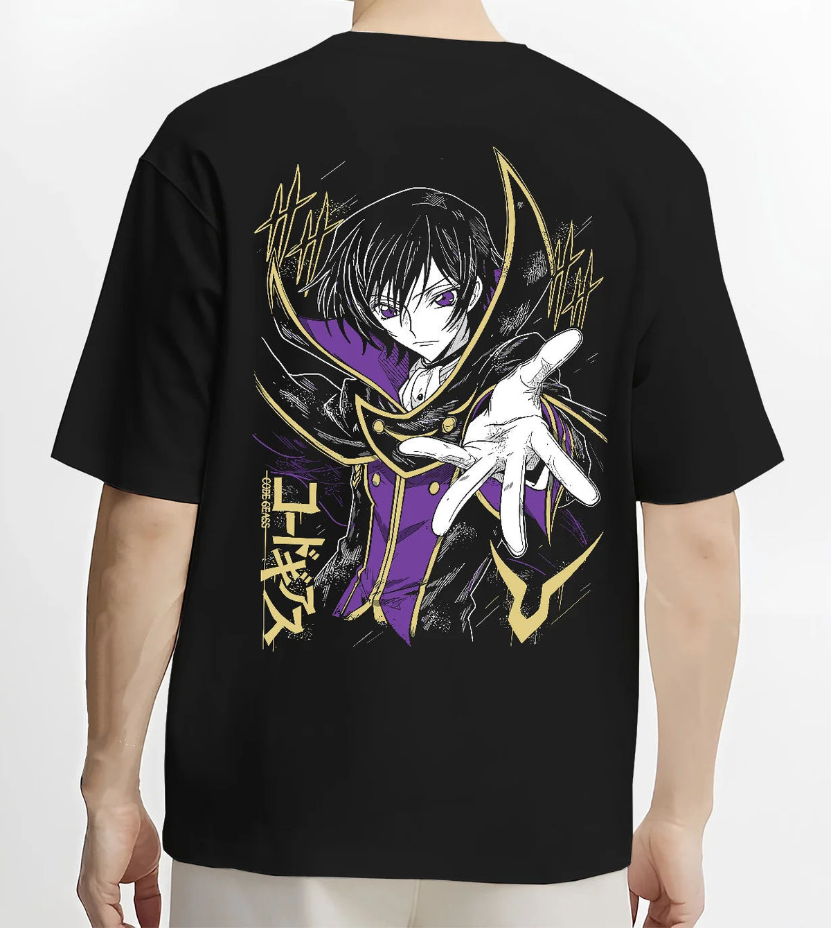Black T-shirt model back view showing Lelouch vi Britannia from Code Geass: Code Geass