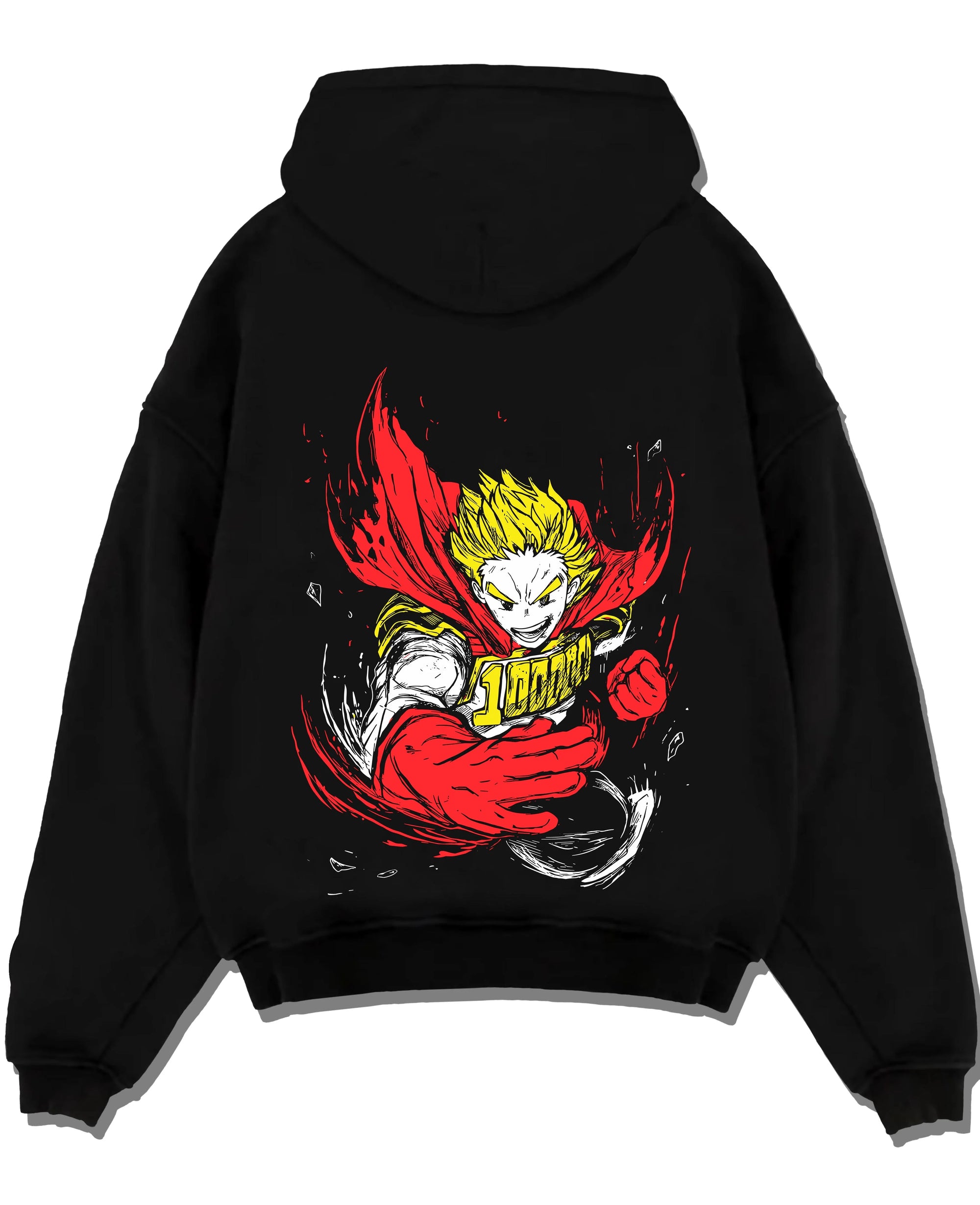 Black pullover hoodie laid flat with Kaiju No. 8 Monstrous Power Surge Hoodie Pose graphic bold anime graphic.