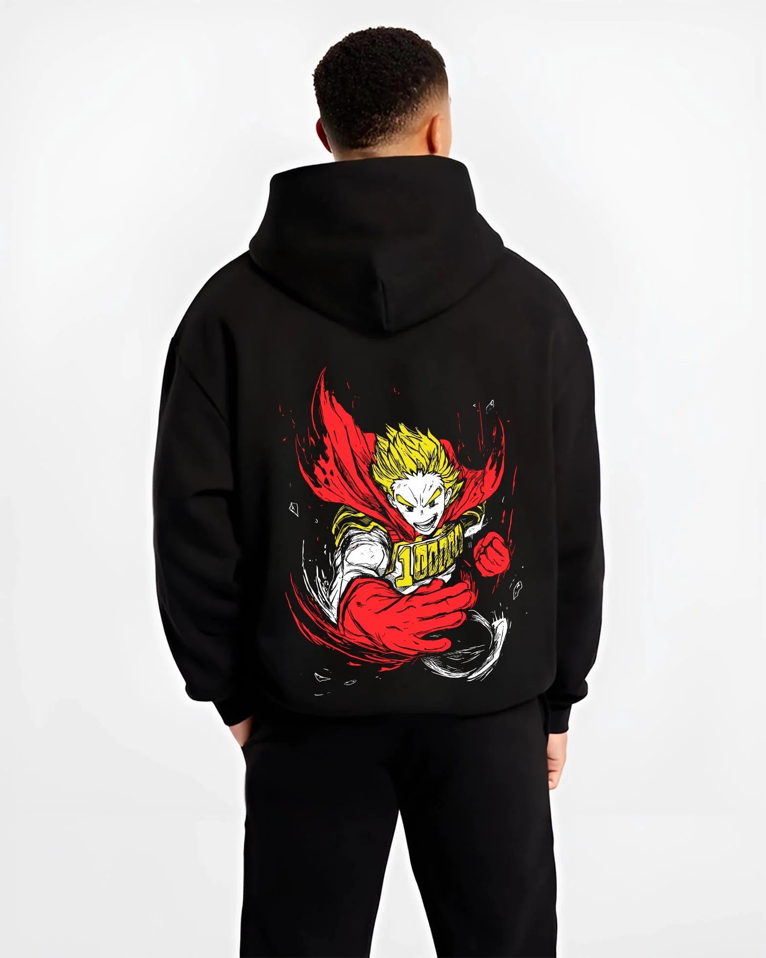 Black hoodie worn by male model, back view with Kaiju No. 8 Monstrous Power Surge Hoodie Pose graphic streetwear graphic.