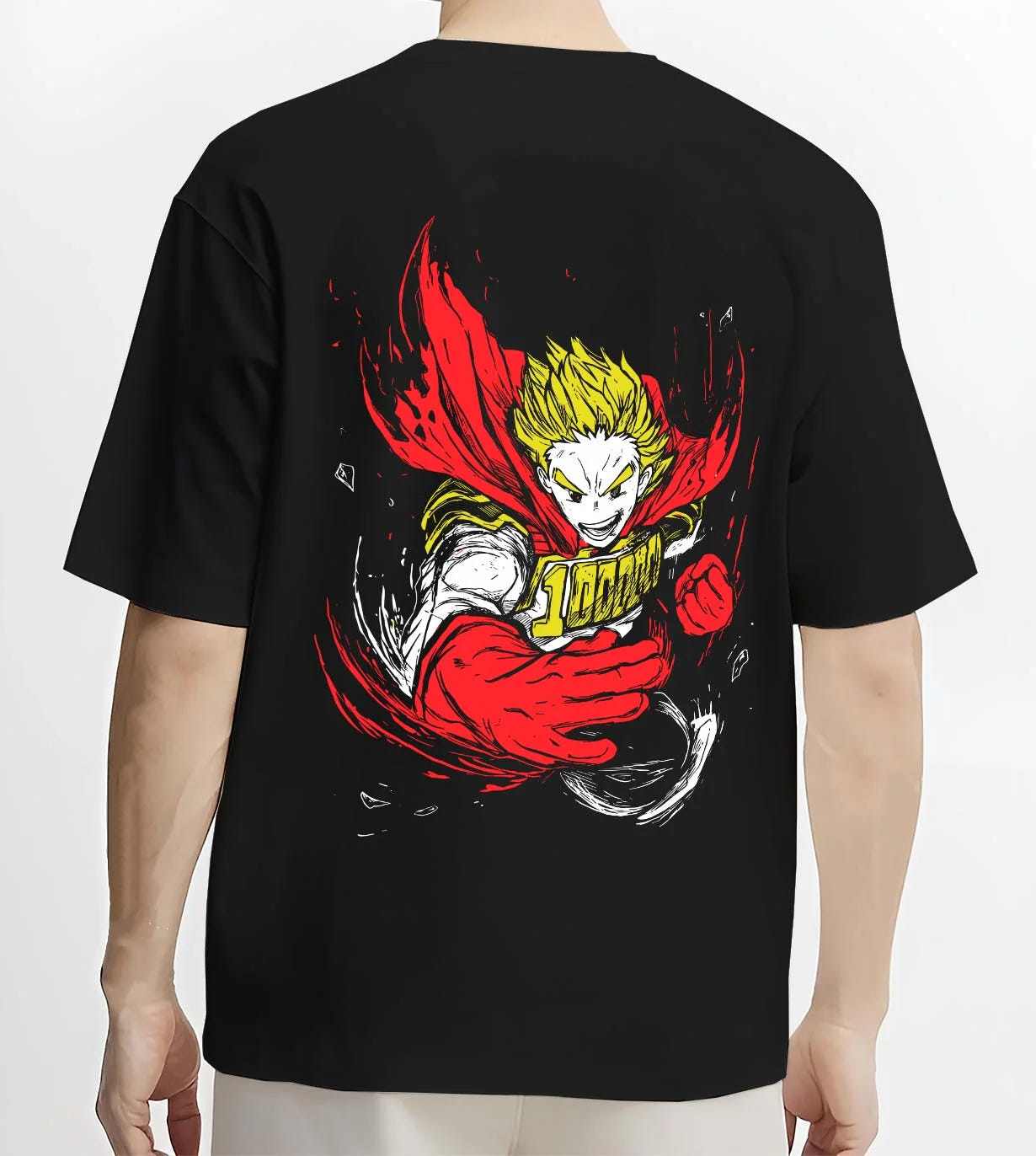 Black T-shirt worn by male model, back view with Kaiju No. 8 Monstrous Power Surge Hoodie Pose graphic streetwear graphic.