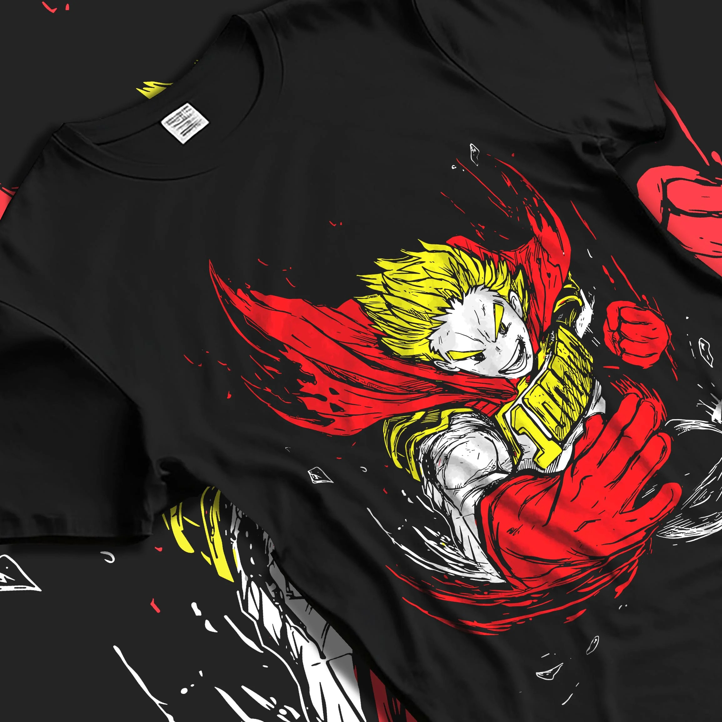 Black T-shirt laid flat with natural folds with Kaiju No. 8 Monstrous Power Surge Hoodie Pose graphic premium wear.