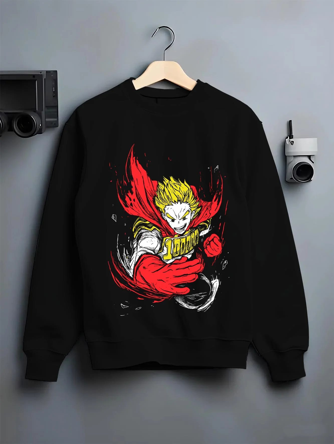Black crewneck sweatshirt on hanger with Kaiju No. 8 Monstrous Power Surge Hoodie Pose graphic premium wear.