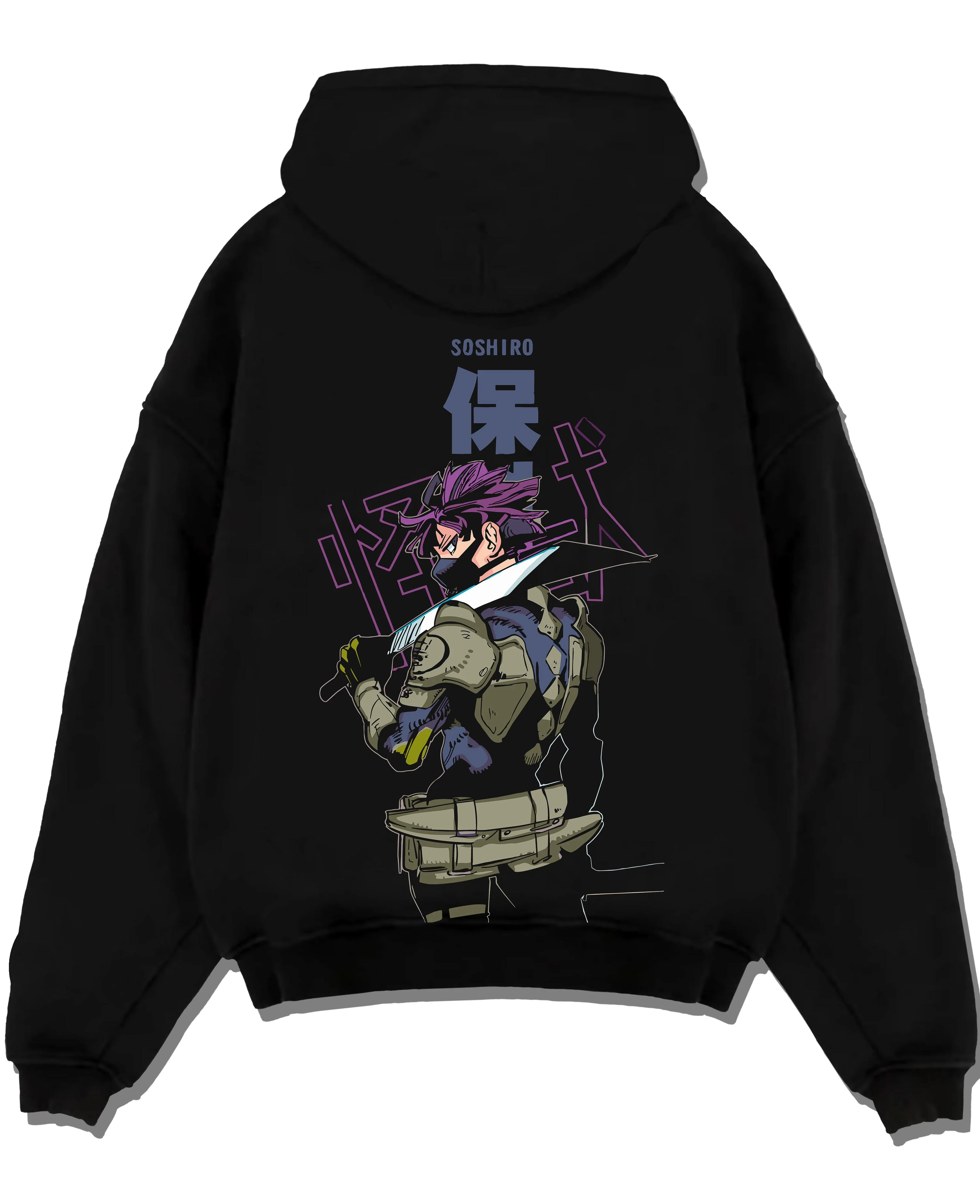 Black pullover hoodie laid flat with Kaiju No. 8 Battle Stance Transformation Hoodie graphic bold anime graphic.
