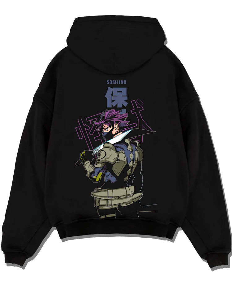 Black pullover hoodie laid flat with Kaiju No. 8 Battle Stance Transformation Hoodie graphic bold anime graphic.