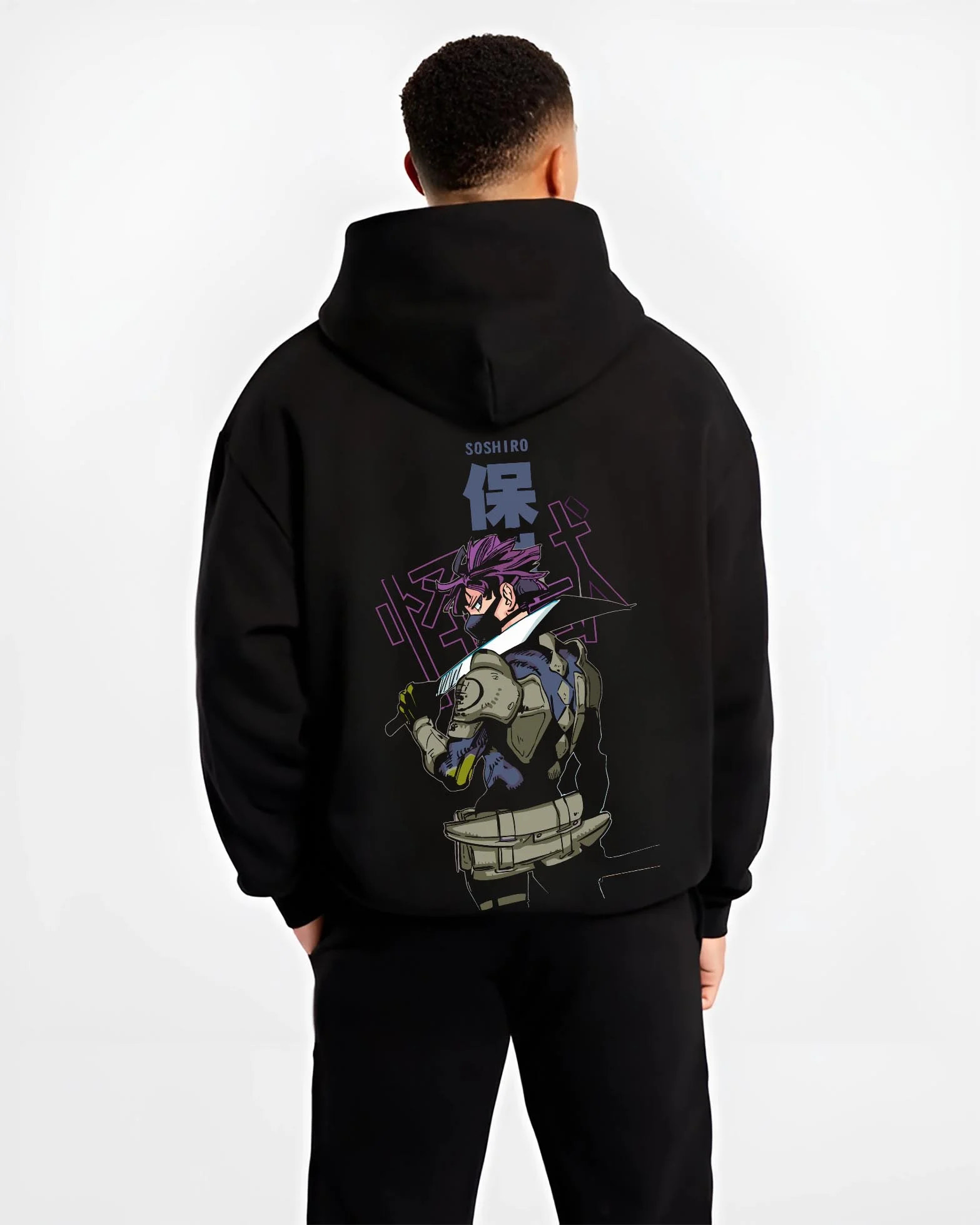 Black hoodie worn by male model, back view with Kaiju No. 8 Battle Stance Transformation Hoodie graphic bold anime graphic.