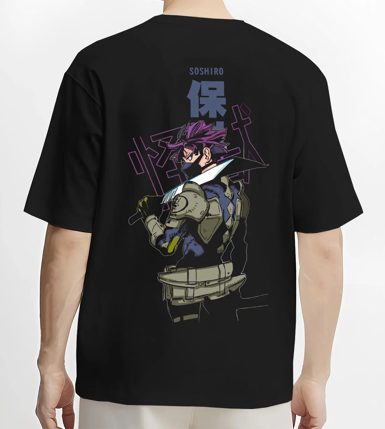 Black T-shirt worn by male model, back view with Kaiju No. 8 Battle Stance Transformation Hoodie graphic bold anime graphic.