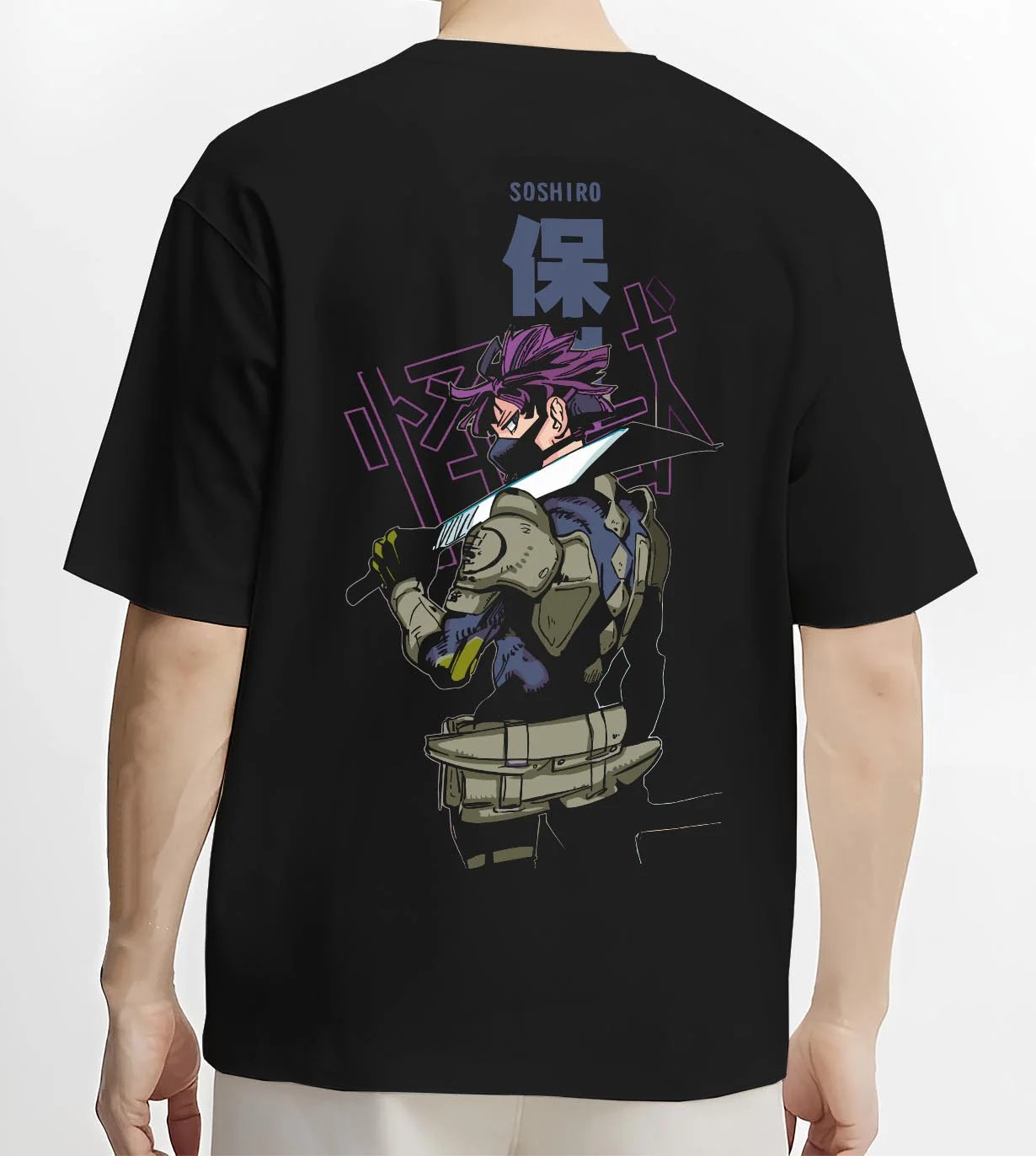 Black T-shirt worn by male model, back view with Kaiju No. 8 Battle Stance Transformation Hoodie graphic bold anime graphic.