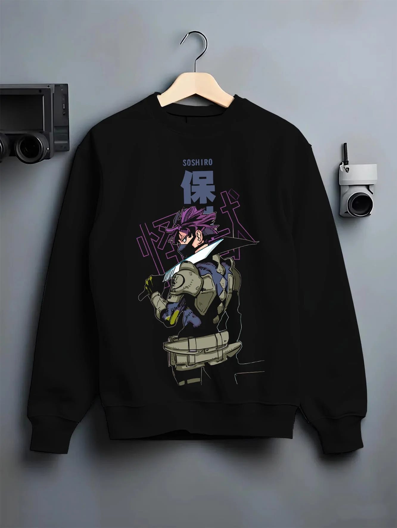 Black crewneck sweatshirt on hanger with Kaiju No. 8 Battle Stance Transformation Hoodie graphic premium wear.