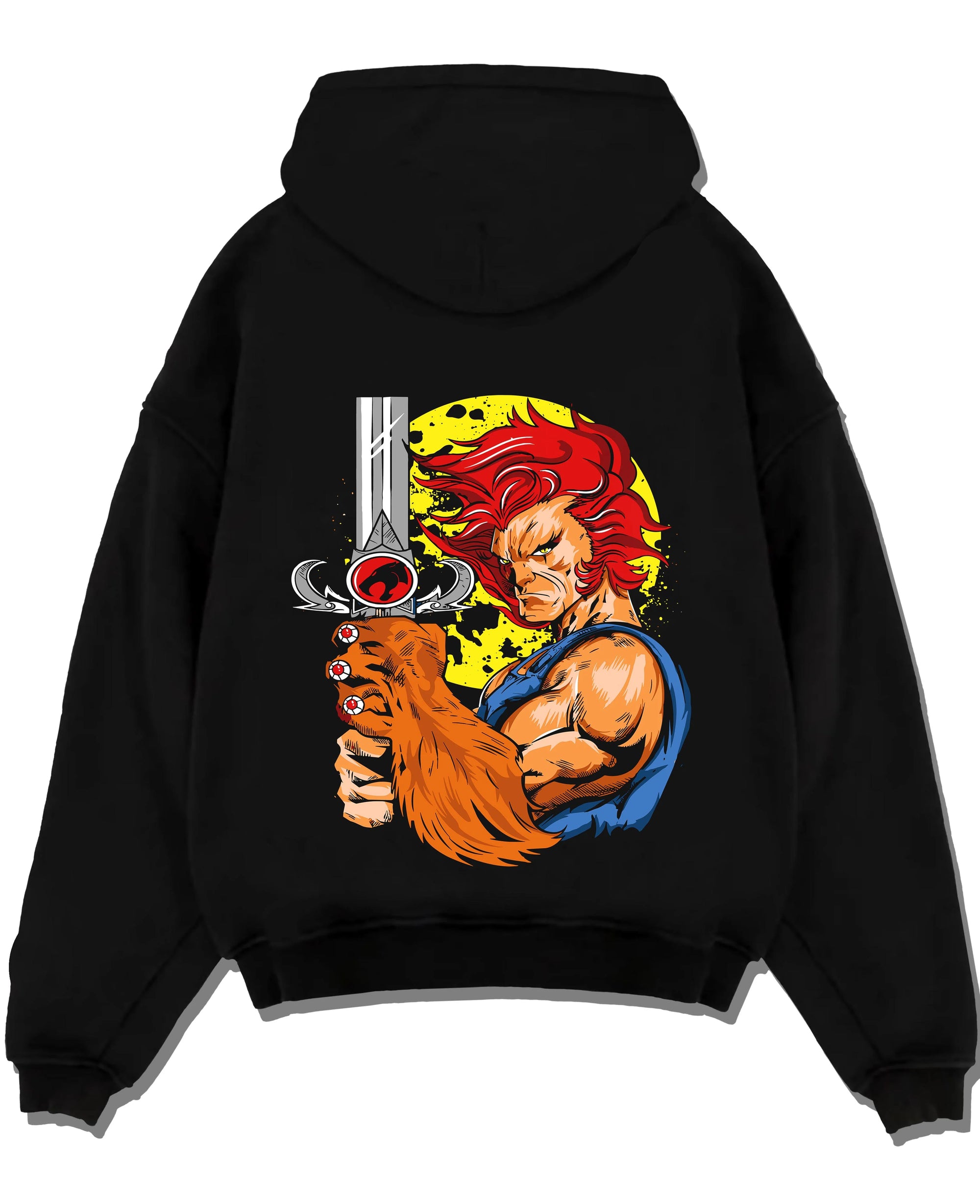 Black pullover hoodie laid flat with Kaiju No. 8 Squad Fighters Ready Hoodie Action graphic bold anime graphic.