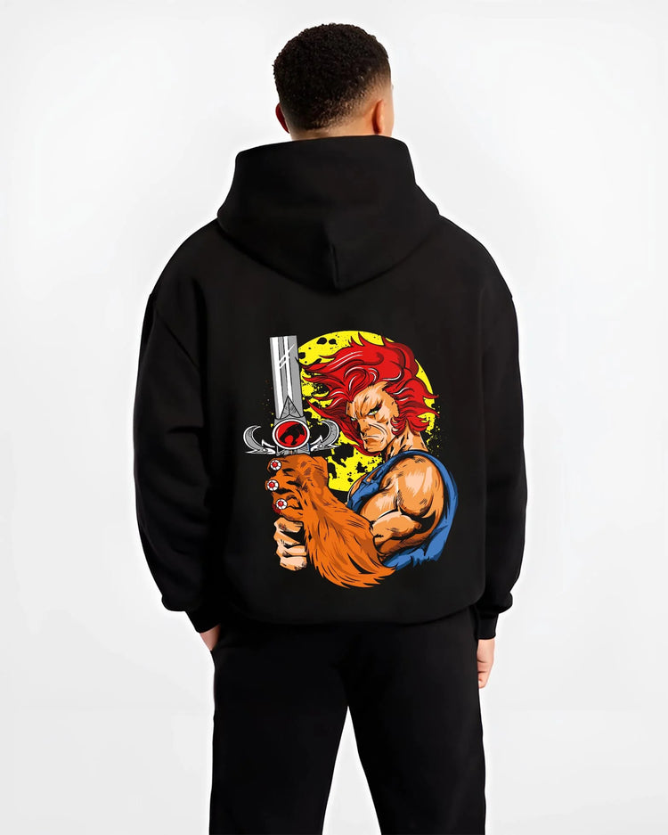 Black hoodie worn by male model, back view with Kaiju No. 8 Squad Fighters Ready Hoodie Action graphic bold anime graphic.