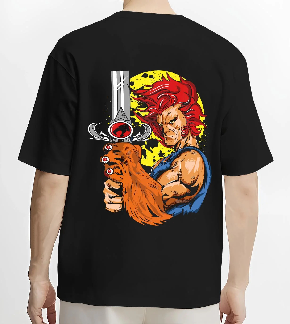 Black T-shirt worn by male model, back view with Kaiju No. 8 Squad Fighters Ready Hoodie Action graphic streetwear graphic.