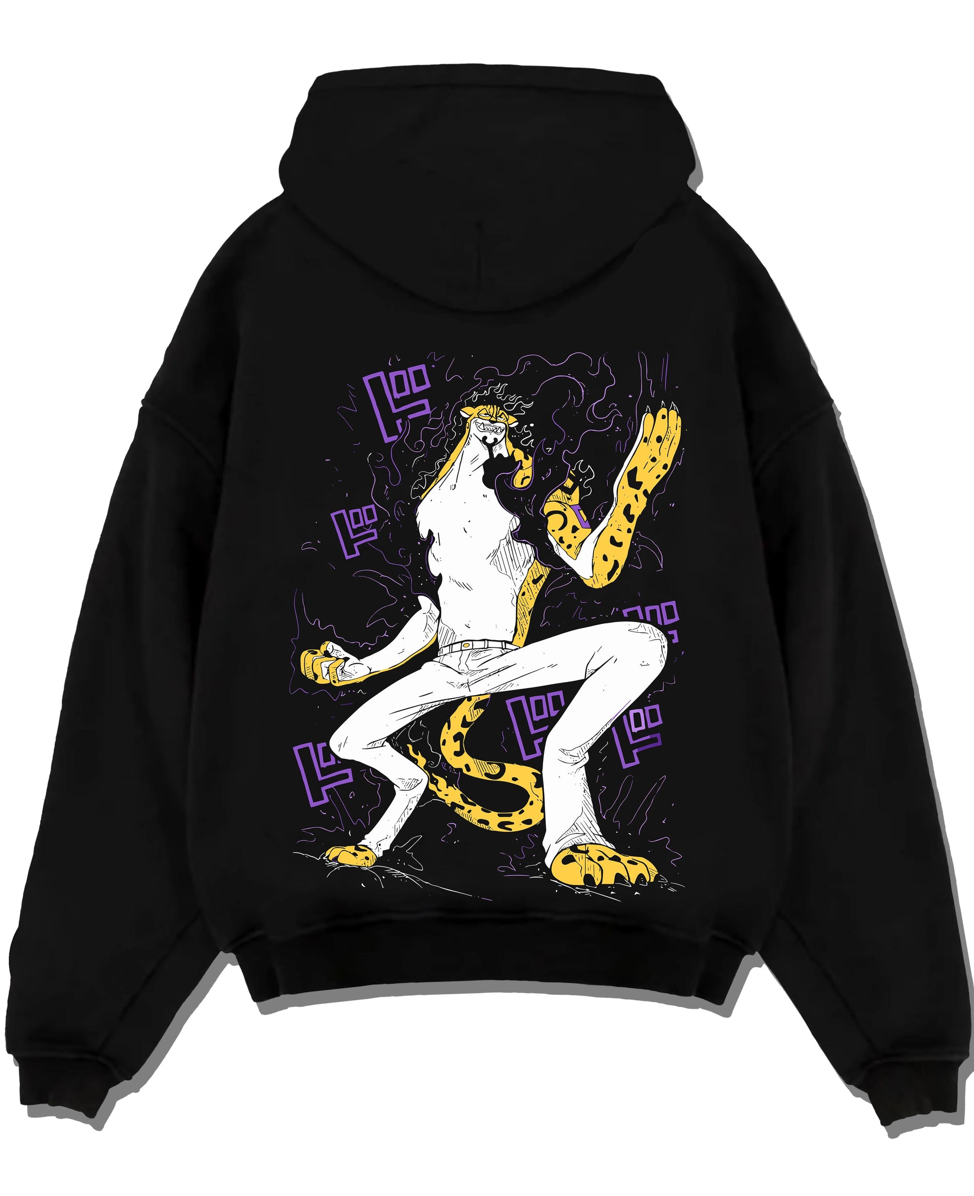 Black pullover hoodie laid flat with Kaiju No. 8 Fiery Transformation Hoodie Heroic graphic streetwear graphic.