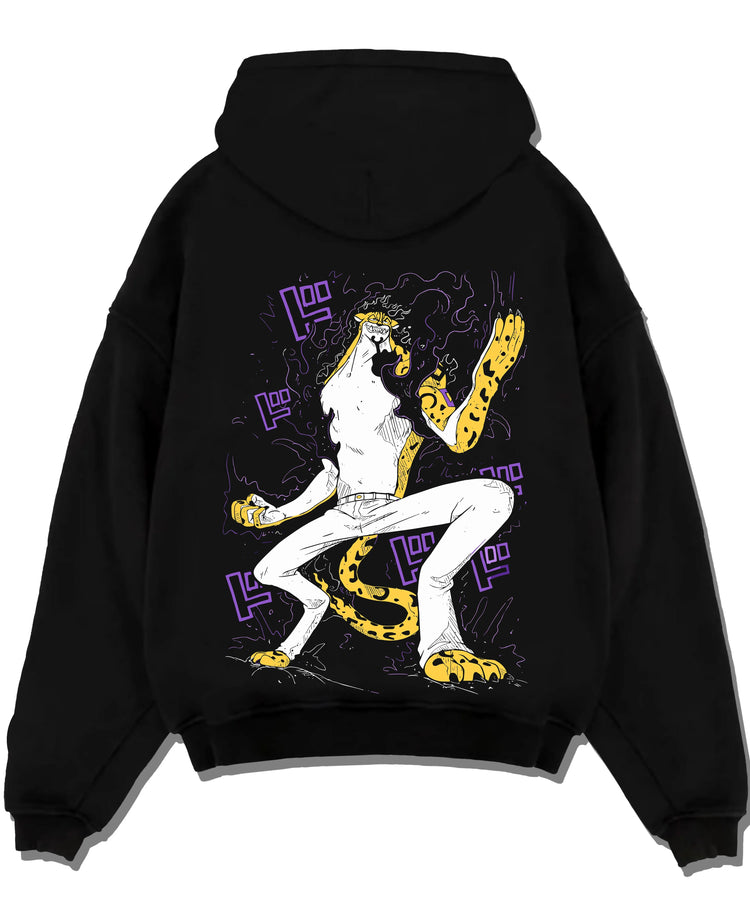 Black pullover hoodie laid flat with Kaiju No. 8 Fiery Transformation Hoodie Heroic graphic streetwear graphic.