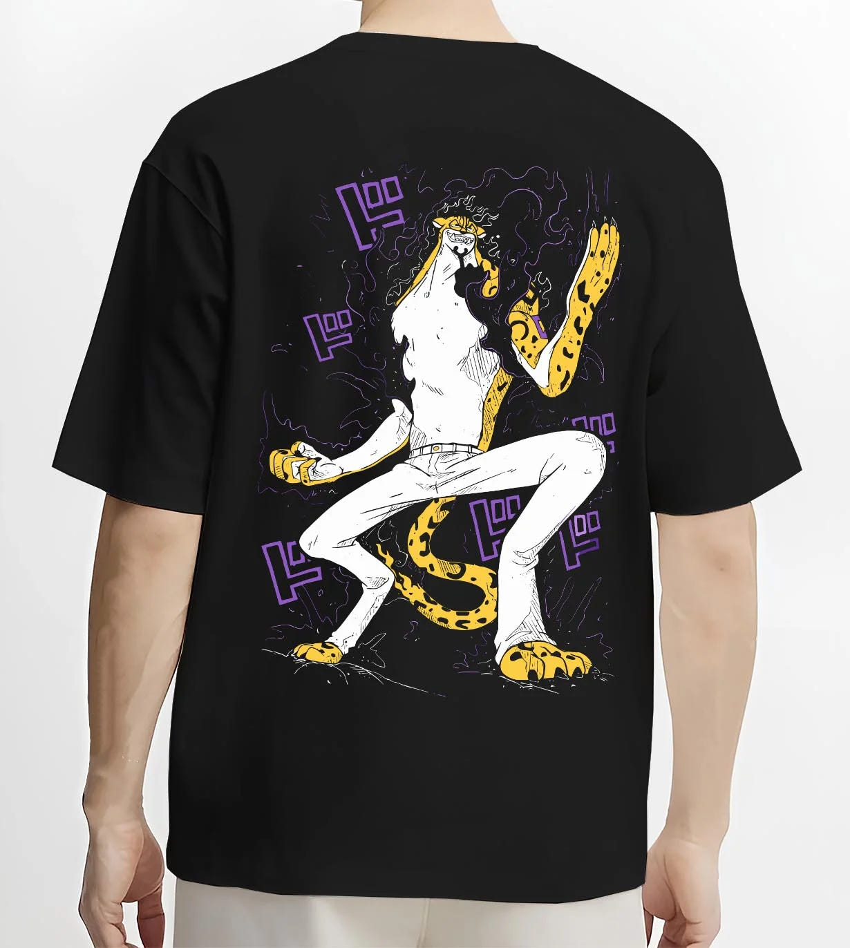 Black T-shirt worn by male model, back view with Kaiju No. 8 Fiery Transformation Hoodie Heroic graphic streetwear graphic.