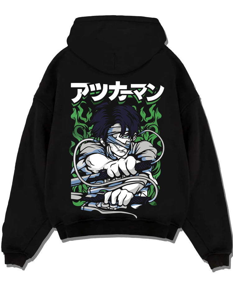 Black pullover hoodie laid flat with Demon Slayer Corps Blood Clash Hoodie Intense graphic bold anime graphic.