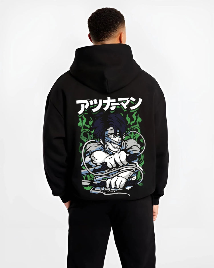 Black hoodie worn by male model, back view with Demon Slayer Corps Blood Clash Hoodie Intense graphic bold anime graphic.