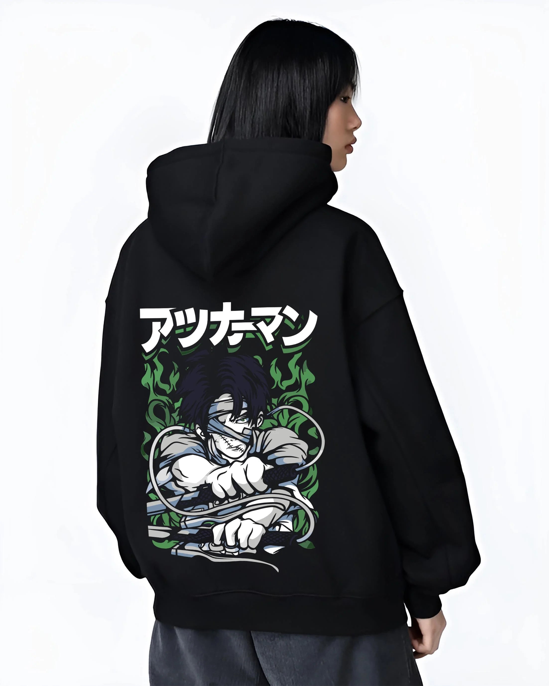 Black hoodie worn by female model, back view with Demon Slayer Corps Blood Clash Hoodie Intense graphic bold anime graphic.