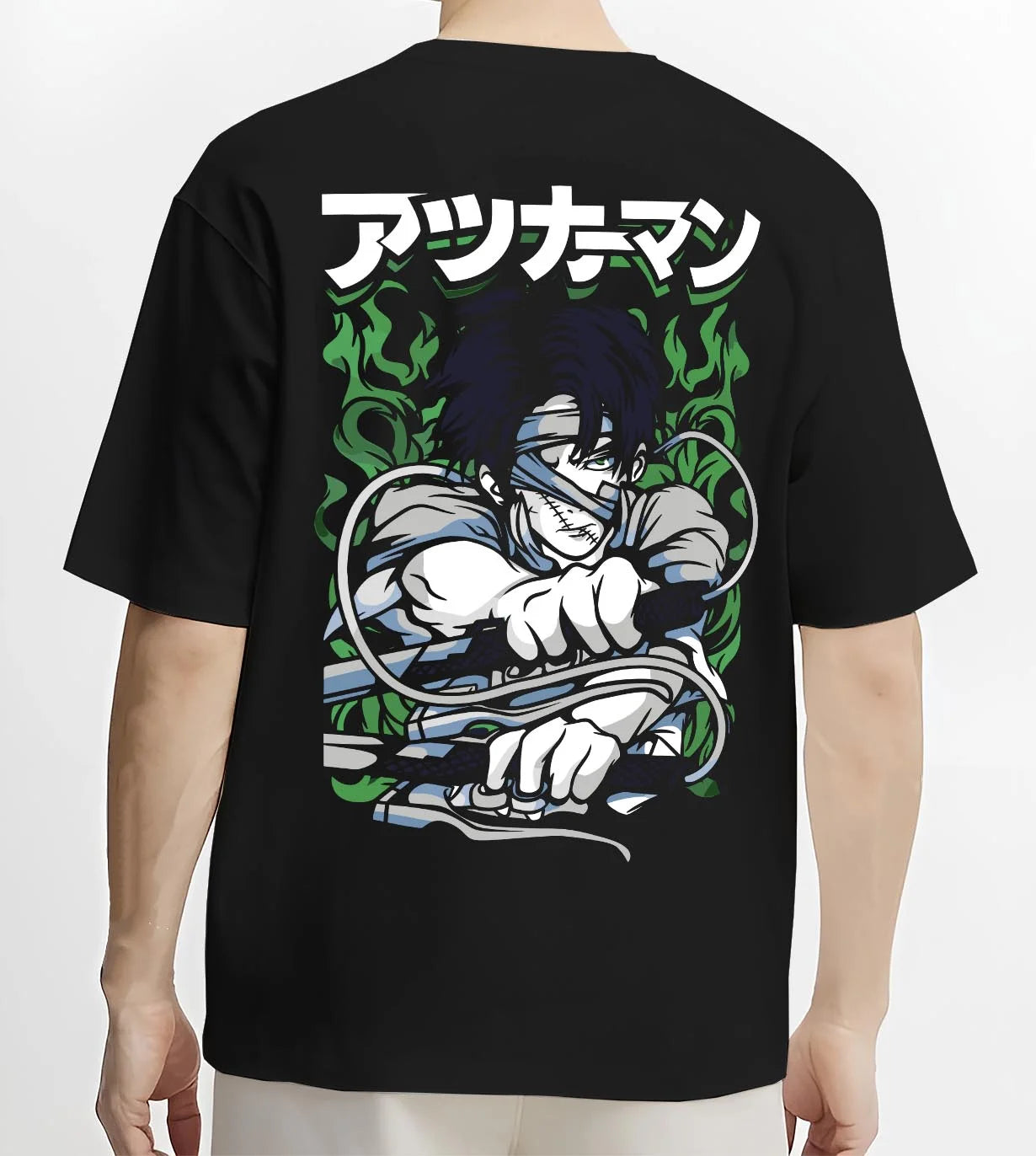 Black T-shirt worn by male model, back view with Demon Slayer Corps Blood Clash Hoodie Intense graphic premium wear.