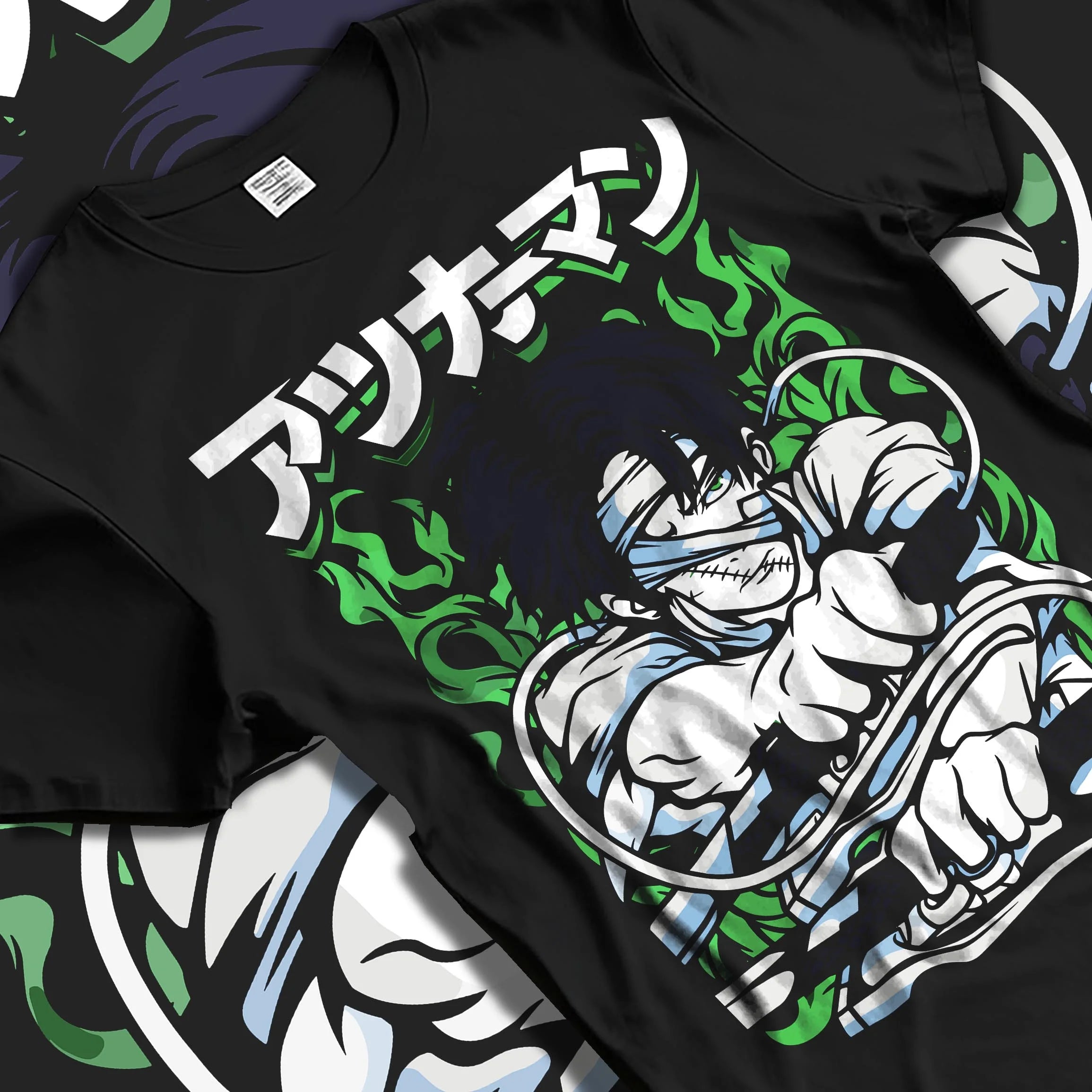 Black T-shirt laid flat with natural folds with Demon Slayer Corps Blood Clash Hoodie Intense graphic bold anime graphic.