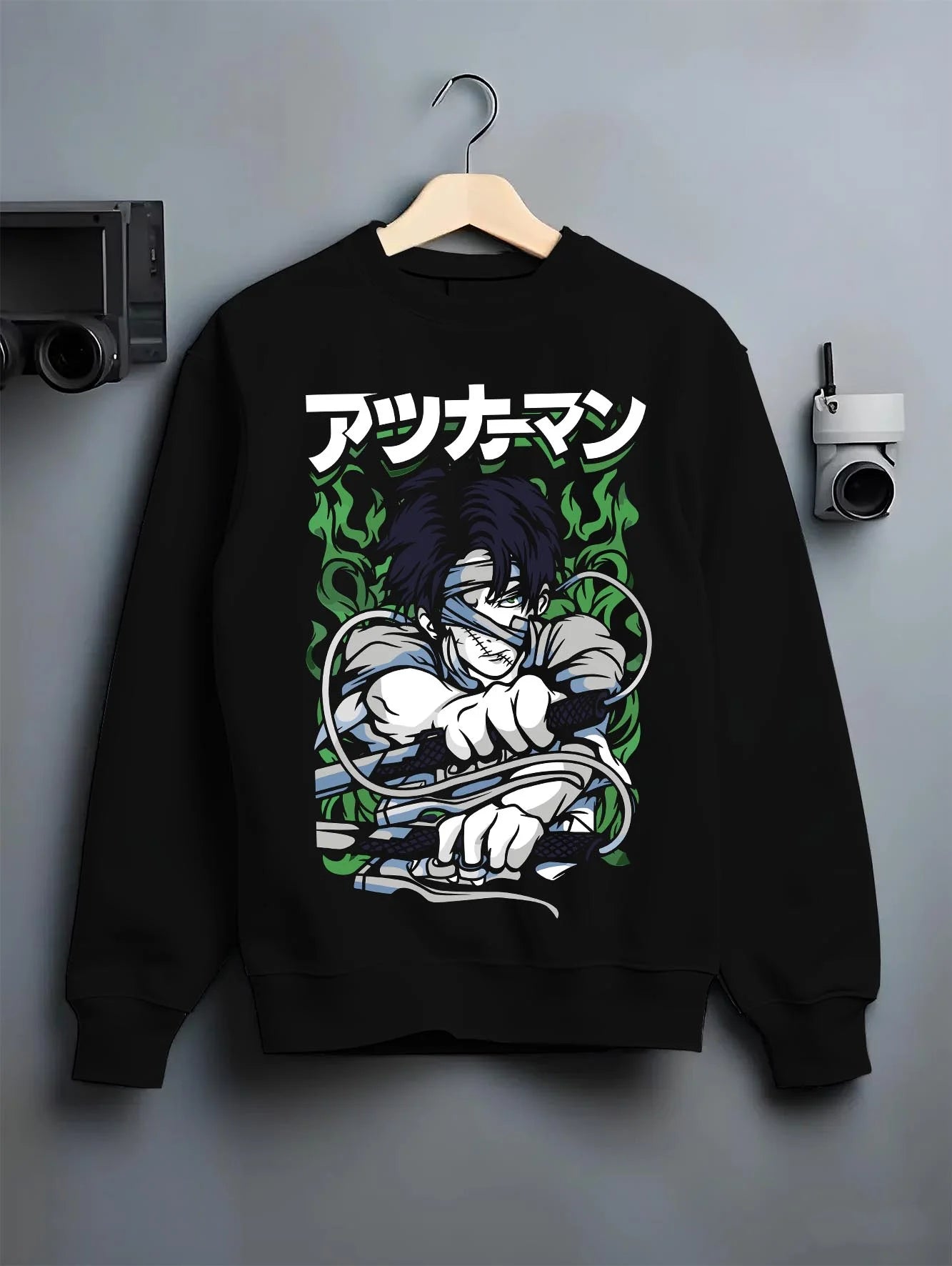 Black crewneck sweatshirt on hanger with Demon Slayer Corps Blood Clash Hoodie Intense graphic bold anime graphic.