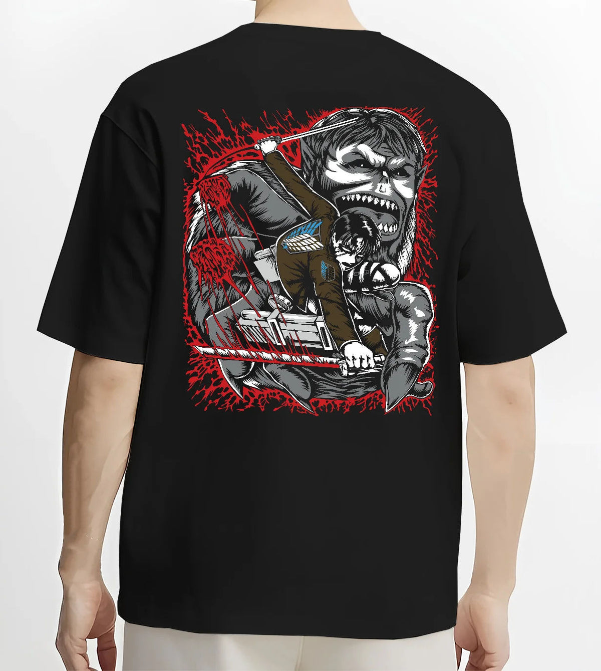 Black T-shirt model back view showing Levi Ackerman from Attack on Titan: blood-splattered face portrait
