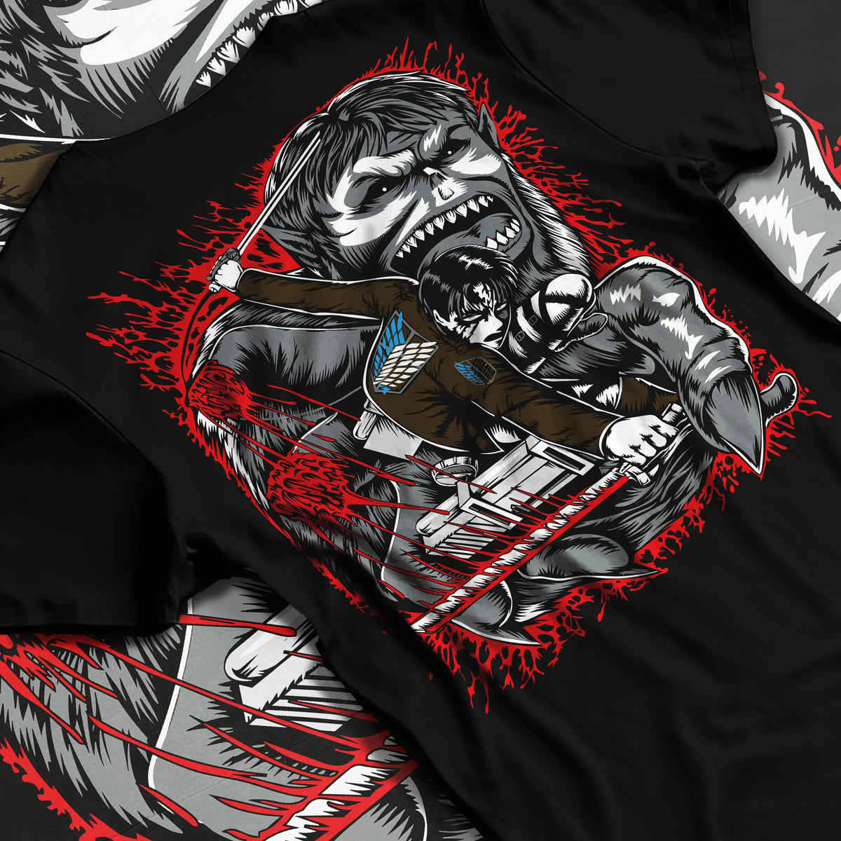 Black T-shirt flat back view showing Levi Ackerman from Attack on Titan: blood-splattered face portrait