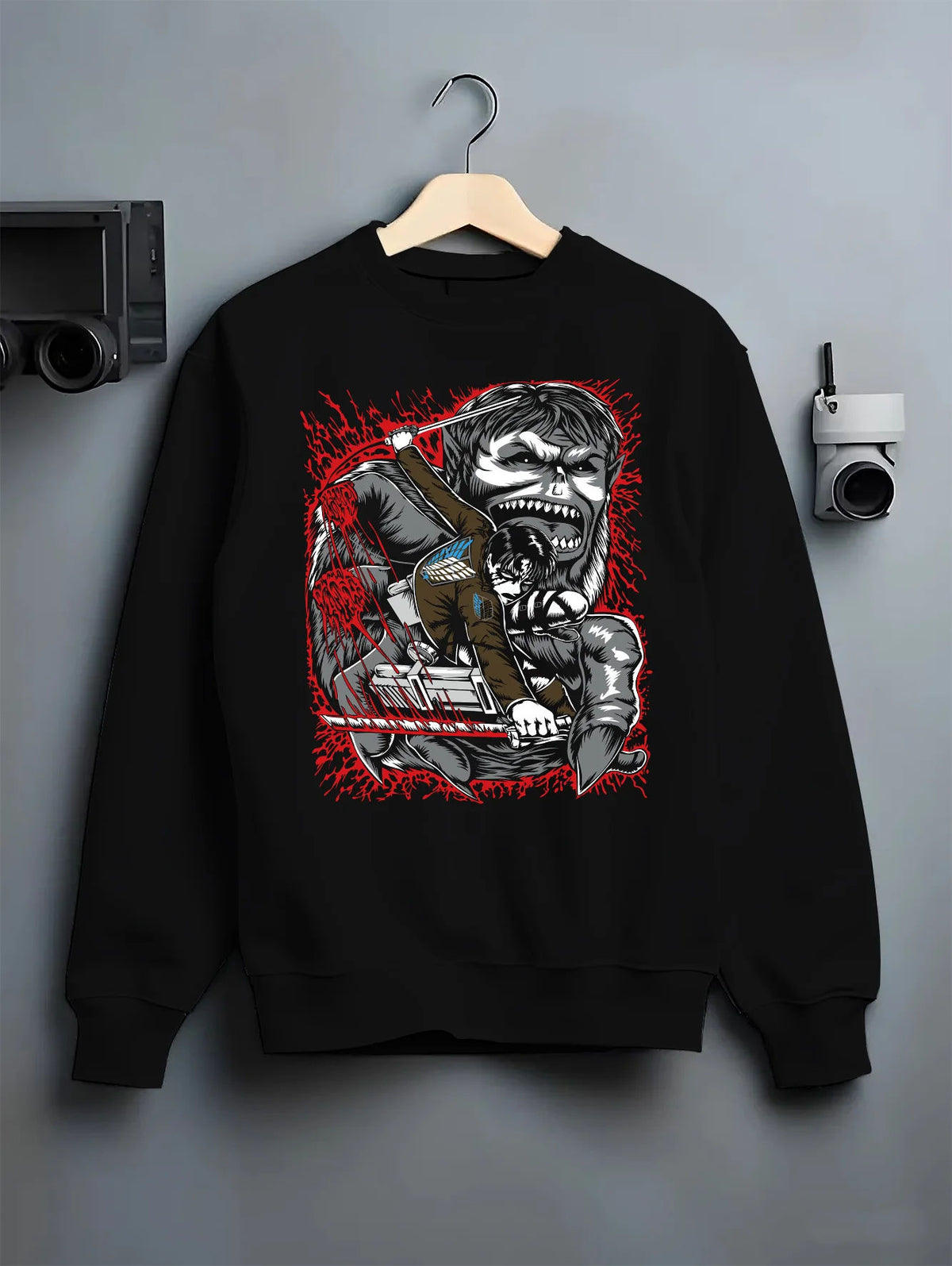 Black crewneck sweatshirt on hanger showing Levi Ackerman from Attack on Titan: blood-splattered face portrait