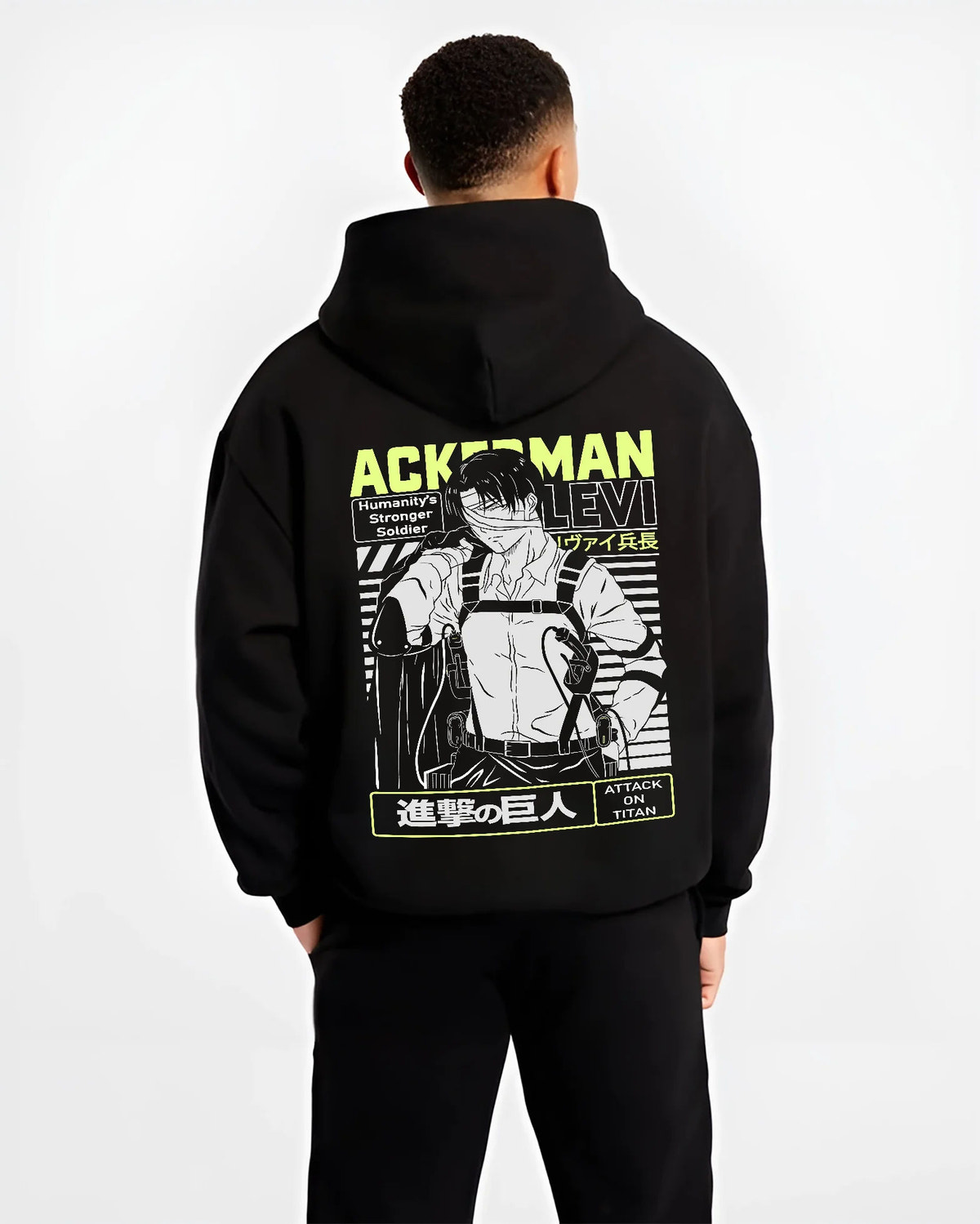 Black hoodie model back view showing Levi Ackerman from Attack on Titan: Ackerman anime poster