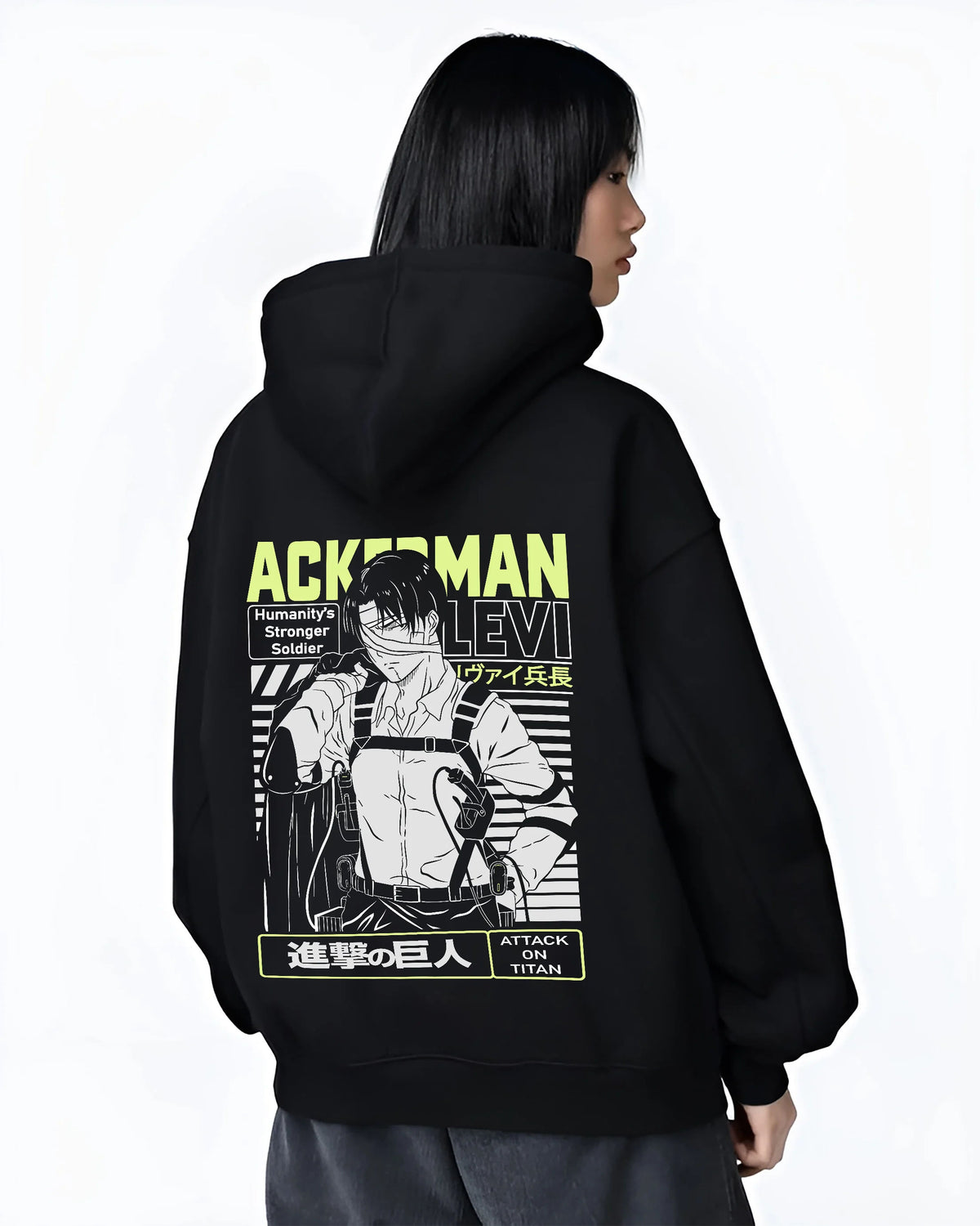 Black hoodie female model back view showing Levi Ackerman from Attack on Titan: Ackerman anime poster